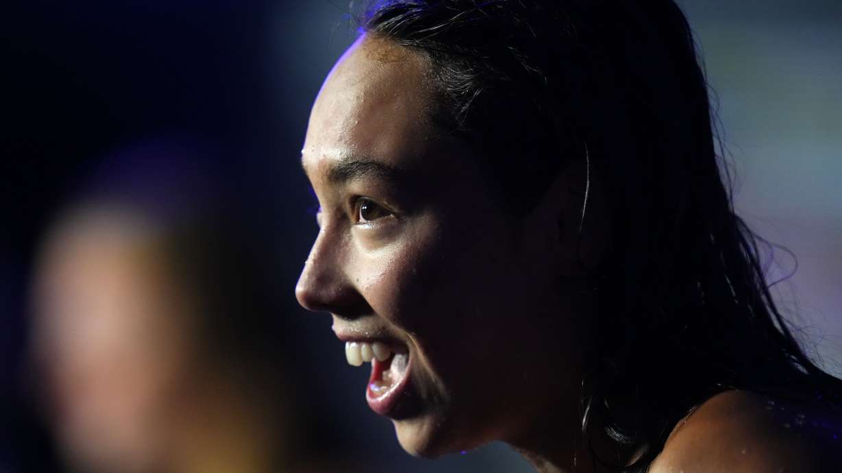 Torri Huske of the United States reacts after winning the Women 100m Butterfly final at the 19th FINA World Championships in Budapest, Hungary, Sunday, June 19, 2022.