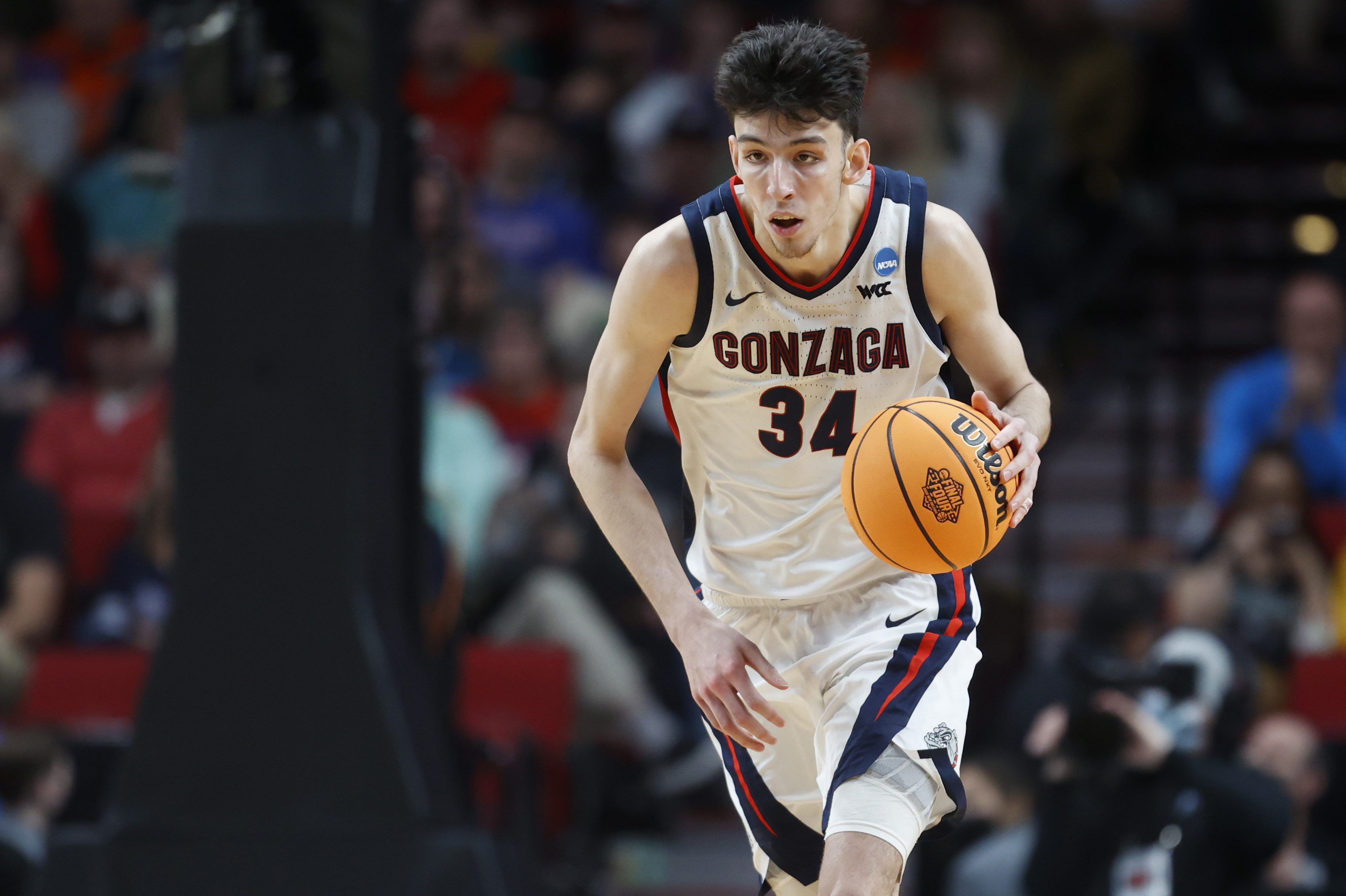 FILE - Gonzaga center Chet Holmgren brings the ball up against Georgia State during the second half of a first-round NCAA college basketball tournament game March 17, 2022, in Portland, Ore. Holmgren is one of the top forwards in the upcoming NBA draft.