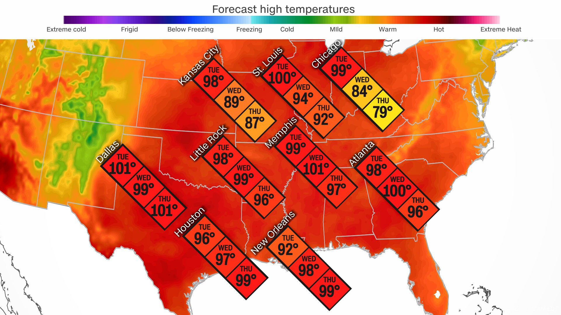 The June 21 three-day weather forecast shows a heat wave bearing down on the U.S.