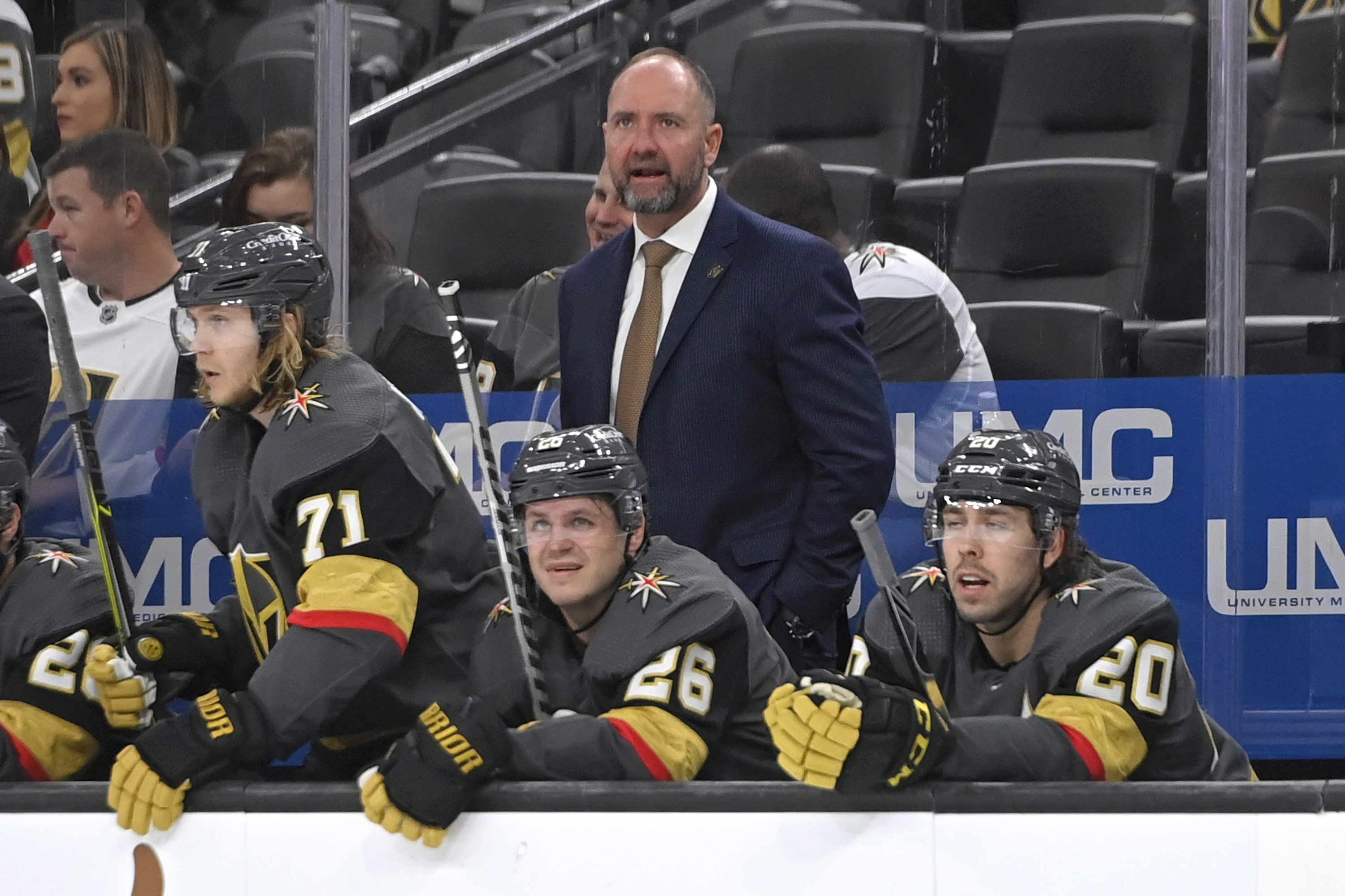 FILE - Vegas Golden Knights coach Peter DeBoer watches from the bench during the third period of the team's NHL hockey game against the Nashville Predators on Thursday, March 24, 2022, in Las Vegas. The Dallas Stars announced Tuesday, June 21, 2022,  that they have hired Peter DeBoer as their new coach, a month after he was fired by the Vegas Golden Knights. 