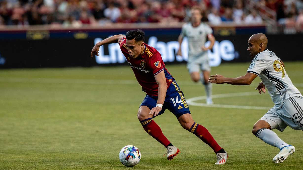 RSL forward Rubin Rubin dribbles past a San Jose defender at Rio Tinto Stadium on June 18.