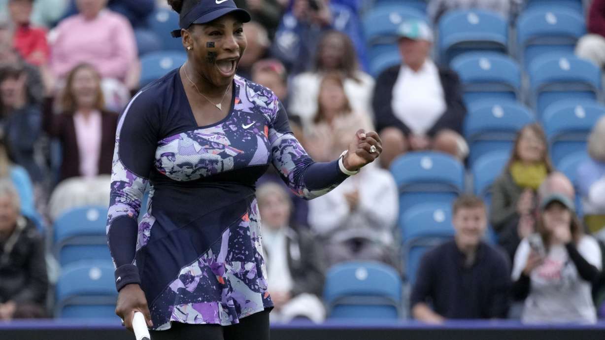 Serena Williams of the United States celebrates after wining their doubles tennis match with Ons Jabeur of Tunisia against Marie Bouzkova of Czech Republic and Sara Sorribes Tormo of Spain at the Eastbourne International tennis tournament in Eastbourne, England, Tuesday, June 21, 2022.