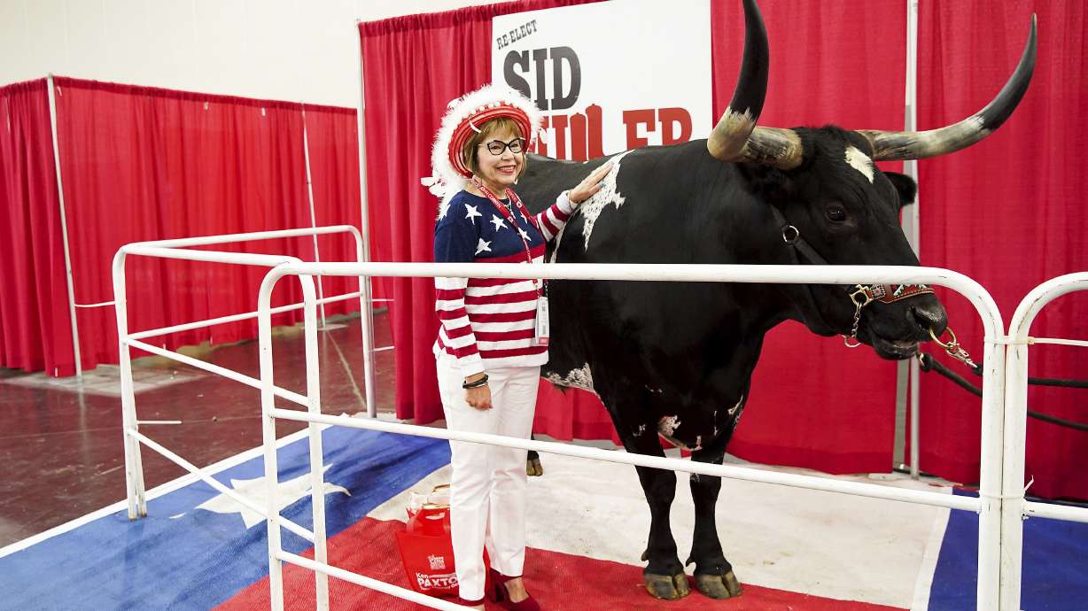 Elaine Wilmore, of Cleburne, poses for a photo with Tex, a longhorn, at a display for Texas Agriculture Commissioner Sid Miller, during the first day of the Republican Party of Texas convention at George R. Brown Convention Center on Thursday in Houston.