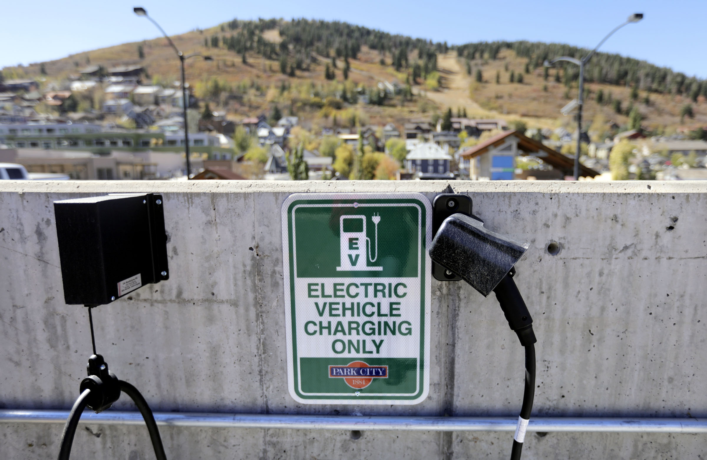 Electric vehicle charging stations are pictured in Park City on Sept. 29, 2020. An eight-state collective made up of Utah, Montana, Colorado, Idaho, Wyoming, Nevada, Arizona and New Mexico are working together to build electric-vehicle-friendly corridors through the idyllic landscapes of the Mountain West.