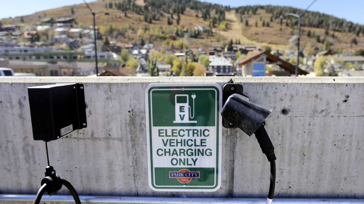 Electric vehicle charging stations are pictured in Park City on Sept. 29, 2020. An eight-state collective made up of Utah, Montana, Colorado, Idaho, Wyoming, Nevada, Arizona and New Mexico are working together to build electric-vehicle-friendly corridors through the idyllic landscapes of the Mountain West.