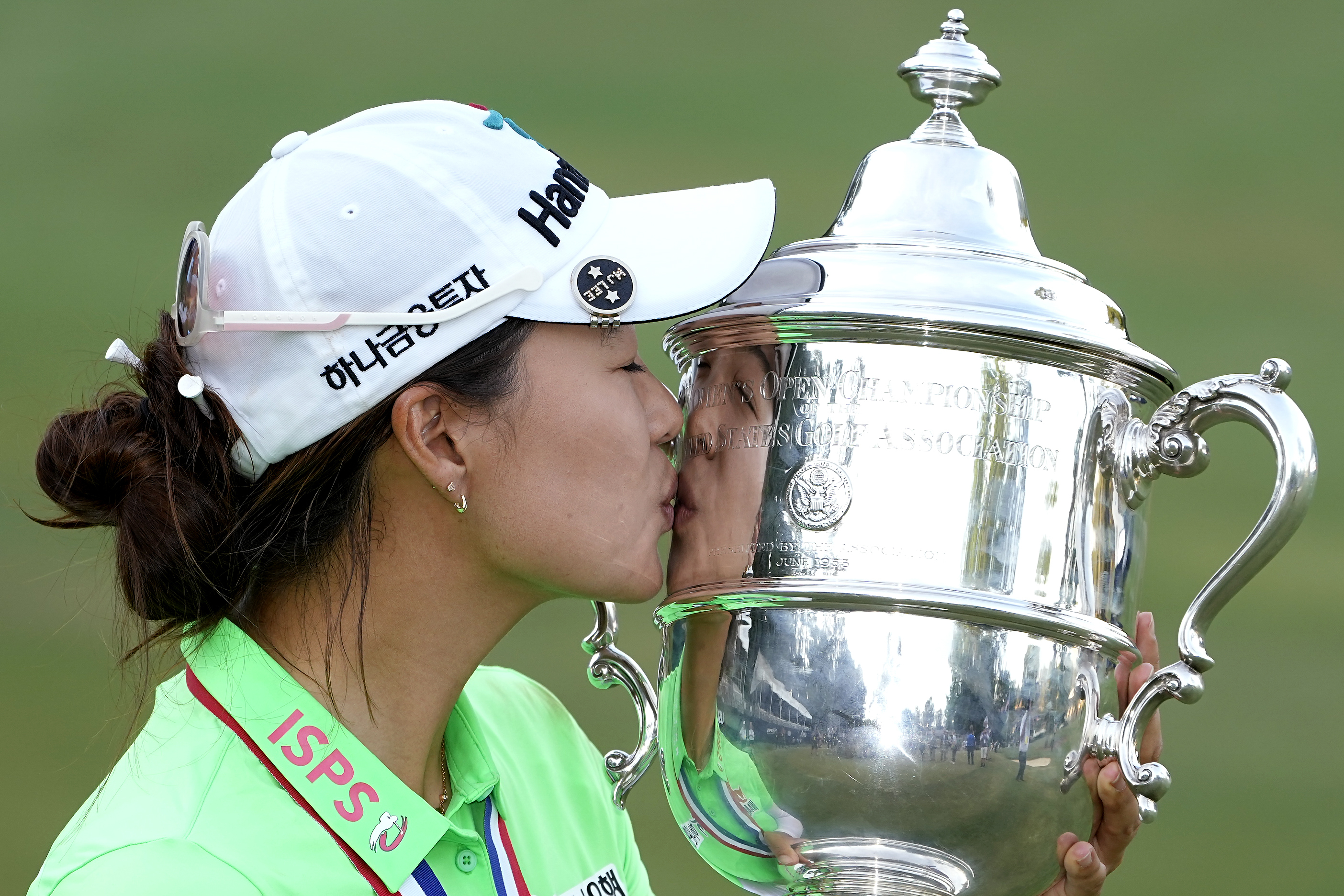 Minjee Lee, of Australia, kisses the Harton S. Semple Trophy after Lee won the final round of the U.S. Women's Open golf tournament at the Pine Needles Lodge & Golf Club in Southern Pines, N.C., on Sunday, June 5, 2022. Minjee Lee, of Australia, won the match. 