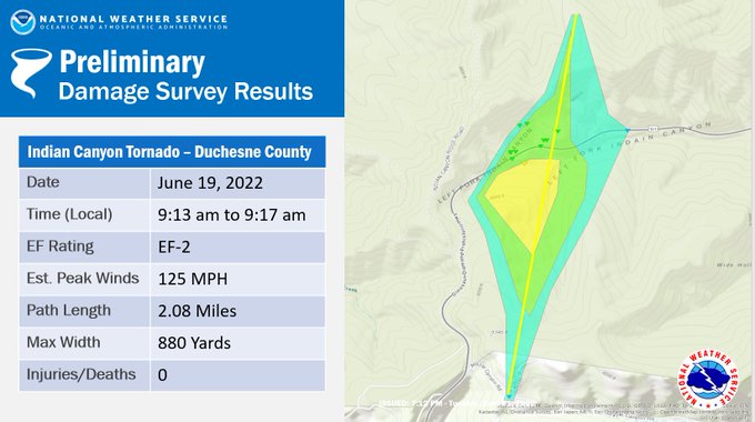 A map of the path of an EF-2 tornado that passed through a section of Duchesne County on Sunday morning.