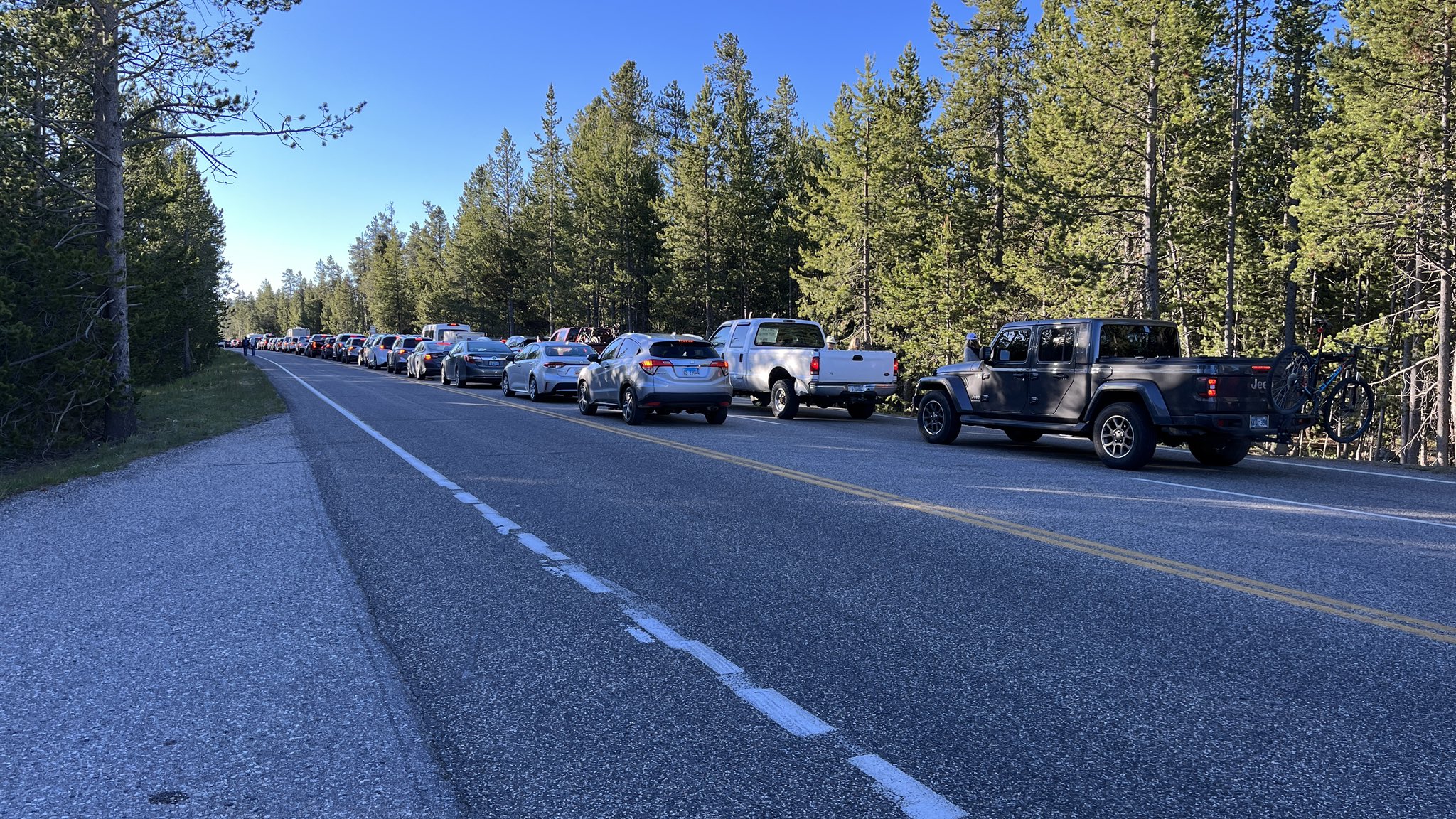 Vehicles line up at the south entrance to Yellowstone National Park Wednesday morning. The line to get in was over a mile long.