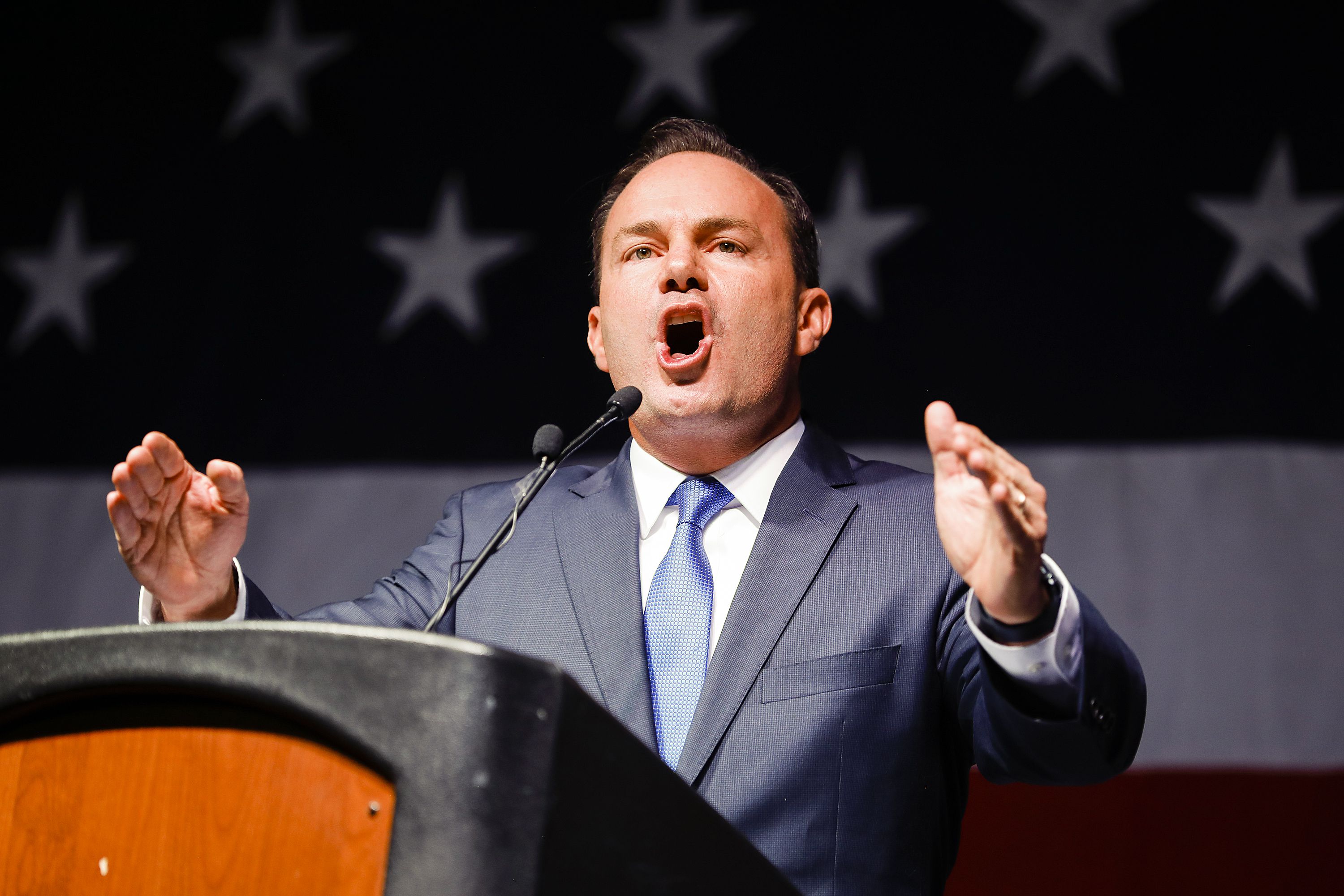 Sen. Mike Lee, R-Utah, speaks to delegates during the GOP State Convention on April 23. Lee voted against starting debate Tuesday on a gun safety bill in response to deadly mass shootings in Buffalo, N.Y., and Uvalde, Texas.