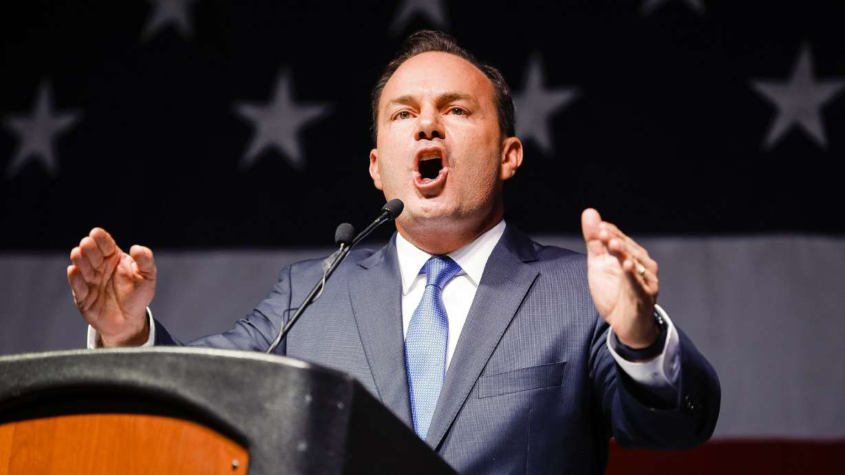Sen. Mike Lee, R-Utah, speaks to delegates during the GOP State Convention on April 23. Lee voted against starting debate Tuesday on a gun safety bill in response to deadly mass shootings in Buffalo, N.Y., and Uvalde, Texas.