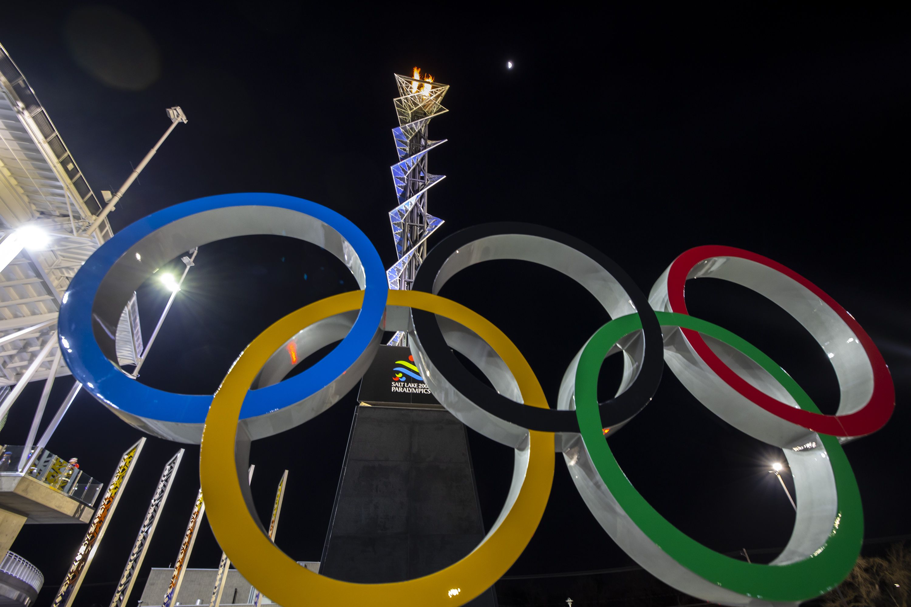 The Olympic Cauldron burns again, marking the 20-year anniversary of the Salt Lake 2002 Olympics opening ceremony at Rice-Eccles Stadium at the University of Utah in Salt Lake City on Feb. 8.