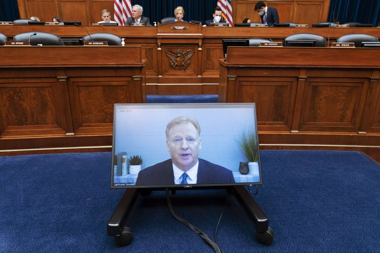 NFL Commissioner Roger Goodell testifies virtually, Wednesday, during a House Oversight Committee hearing on the Washington Commanders’ workplace conduct, on Capitol Hill in Washington.
