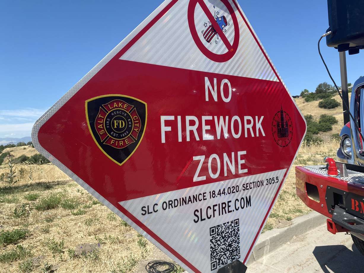 A sign indicating that fireworks are banned is placed in City Creek Canyon Thursday morning. Fireworks are banned in all parts of the city around wild-urban interfaces this July.