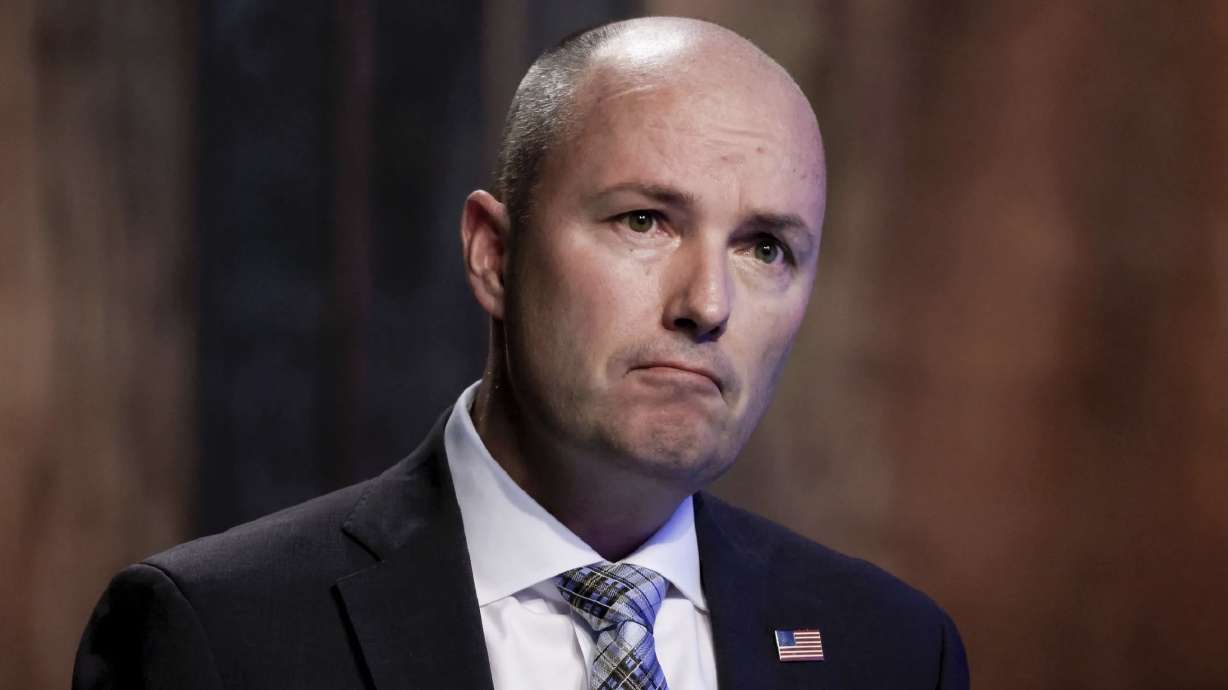 Gov. Spencer Cox speaks at the PBS Utah Governor’s Monthly News Conference at the Eccles Broadcast Center in Salt Lake City on June 16. In a tweet on Thursday, Cox criticized President Joe Biden’s call for a temporary suspension of the federal gas tax and said the proposal would lead to more deficit spending and more inflation.