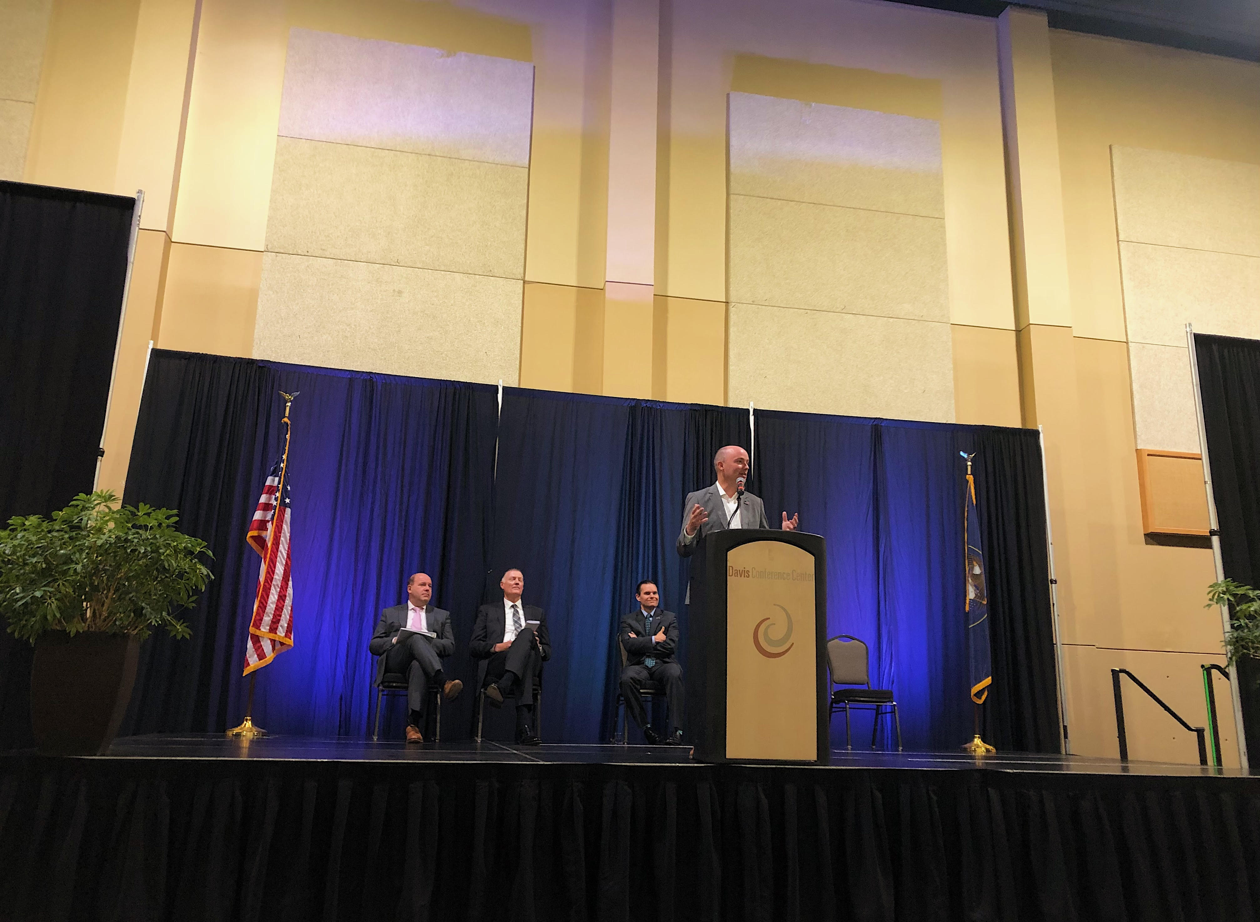 Utah. Gov Spencer Cox speaks to a crowd at an aerospace and defense event in Layton on Friday. Cox desribed what makes Utah an attractive option for companies, as well as what it means for the future of aerospace and defense in Utah.