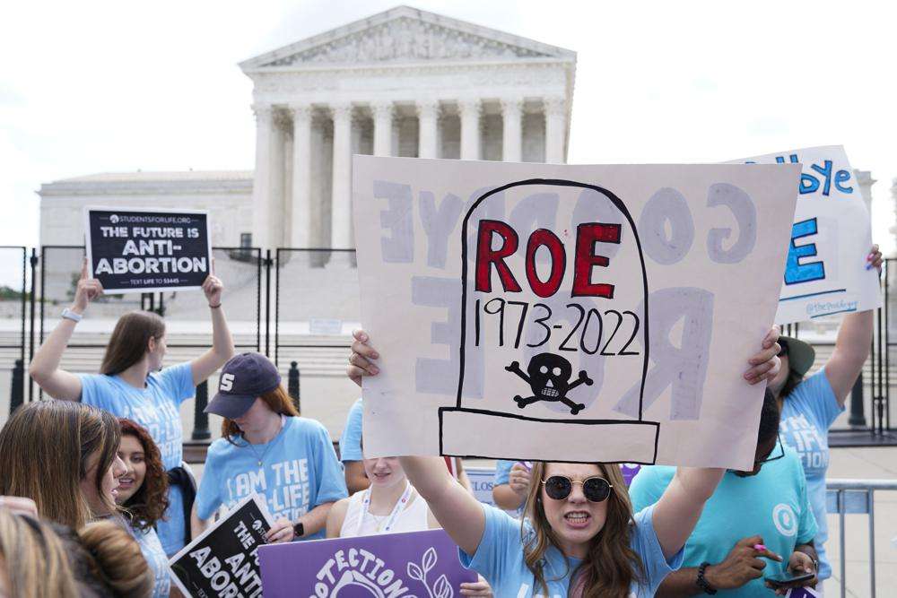 Demonstrators protest about abortion outside the Supreme Court in Washington, Friday.