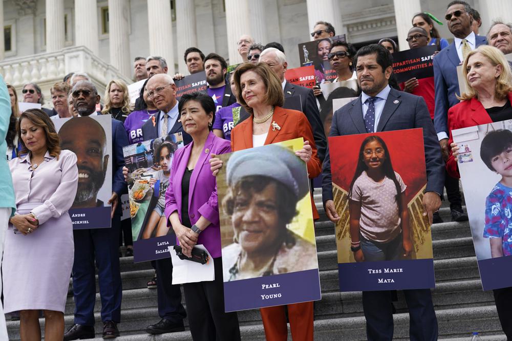 From left, Rep. Veronica Escobar, D-Texas, Rep. Judy Chu, D-Calif., House Speaker Nancy Pelosi of Calif., Rep. Jimmy Gomez, D-Calif., and Rep. Carolyn Maloney, D-N.Y., attend an event on the steps of the U.S. Capitol about gun violence Friday. Utah's four Republican congressmen voted against the bipartisan gun safety bill Friday, leaving Sen. Mitt Romney as the only member of the state's federal delegation to support the package that now heads to the president's desk.