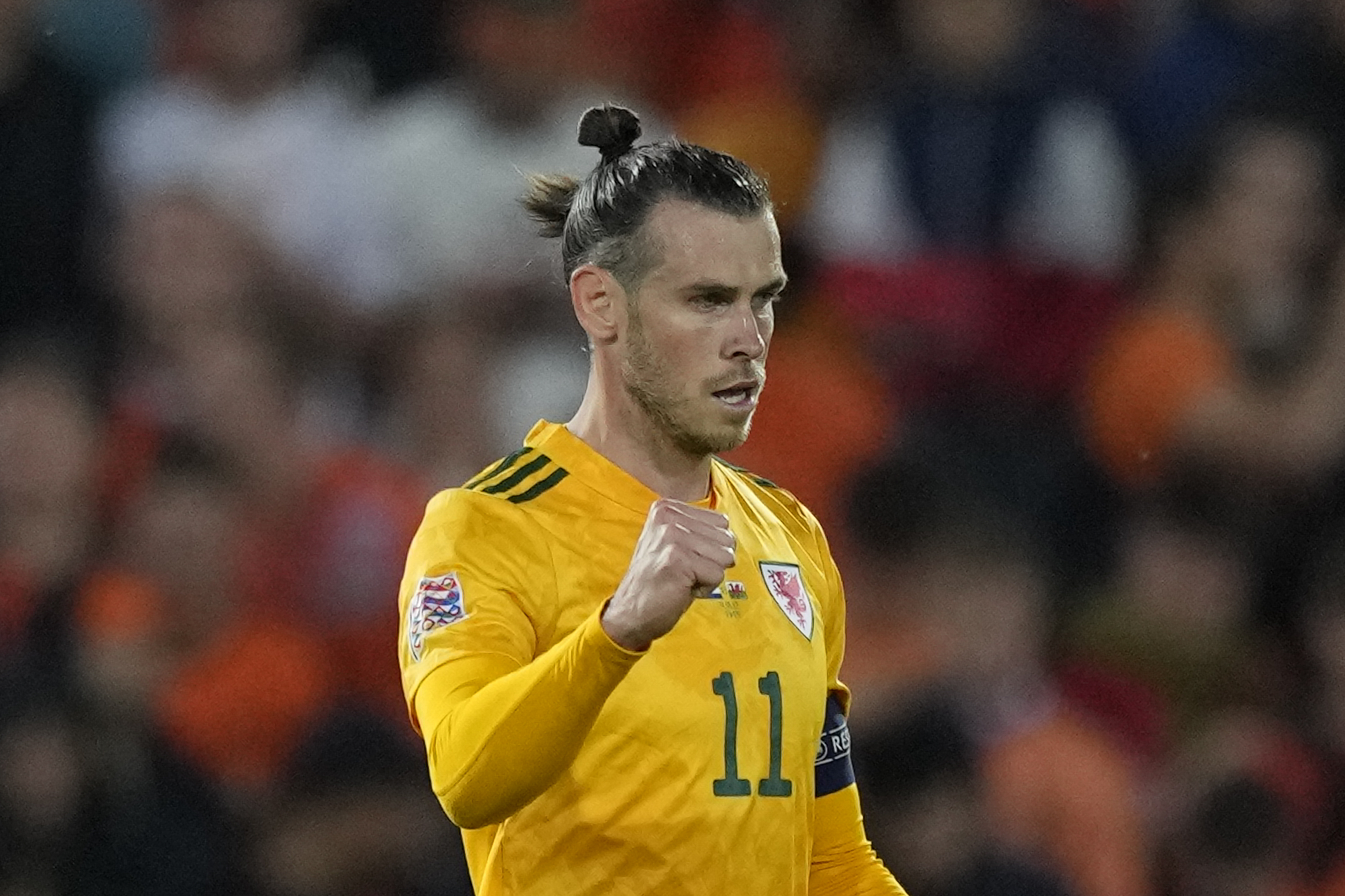 Wales' Gareth Bale celebrates scoring his side's second goal during the UEFA Nations League soccer match between the Netherlands and Wales at De Kuip stadium in Rotterdam, Netherlands, Tuesday, June 14, 2022.