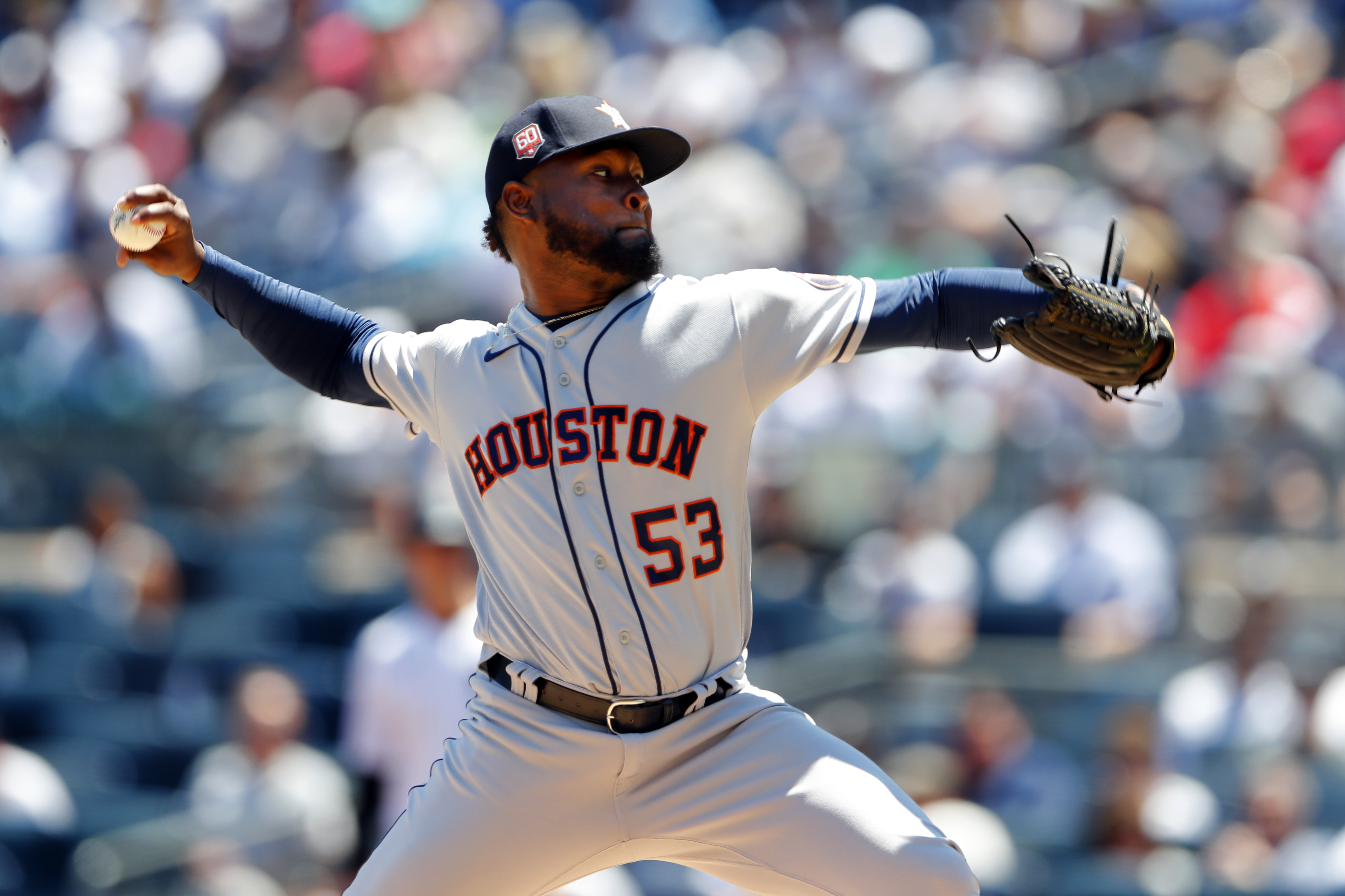Houston Astros pitcher Cristian Javier (53) throws against the New York Yankees during the first inning of a baseball game Saturday, June 25, 2022, in New York.