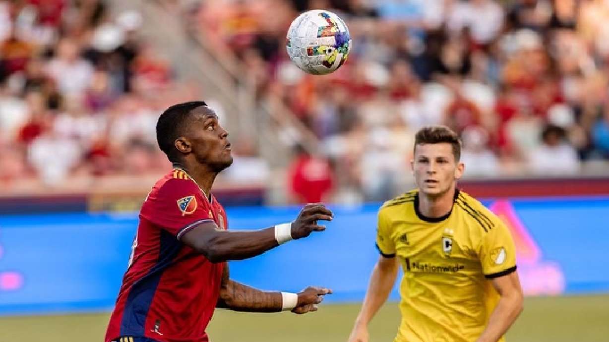 Sergio Cordova looks to bring the ball down against the Columbus Crew at Rio Tinto Stadium Saturday.