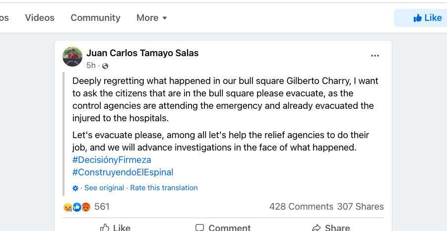 A Facebook post about the Sunday collapse of El Espina, a stadium in Colombia.