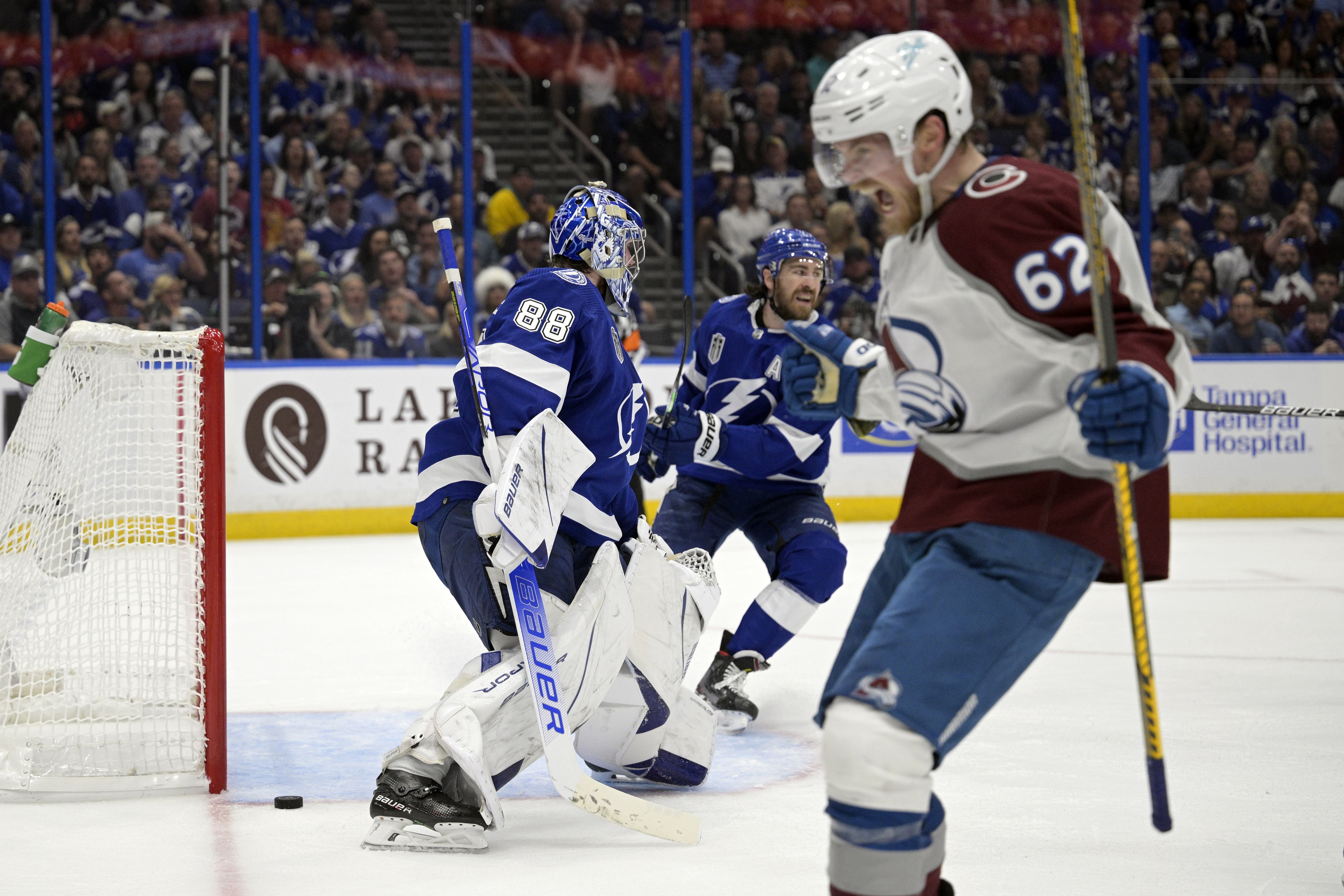 Colorado Avalanche left wing Artturi Lehkonen (62) reacts after scoring on Tampa Bay Lightning goaltender Andrei Vasilevskiy (88) during the second period of Game 6 of the NHL hockey Stanley Cup Finals on Sunday, June 26, 2022, in Tampa, Fla. 