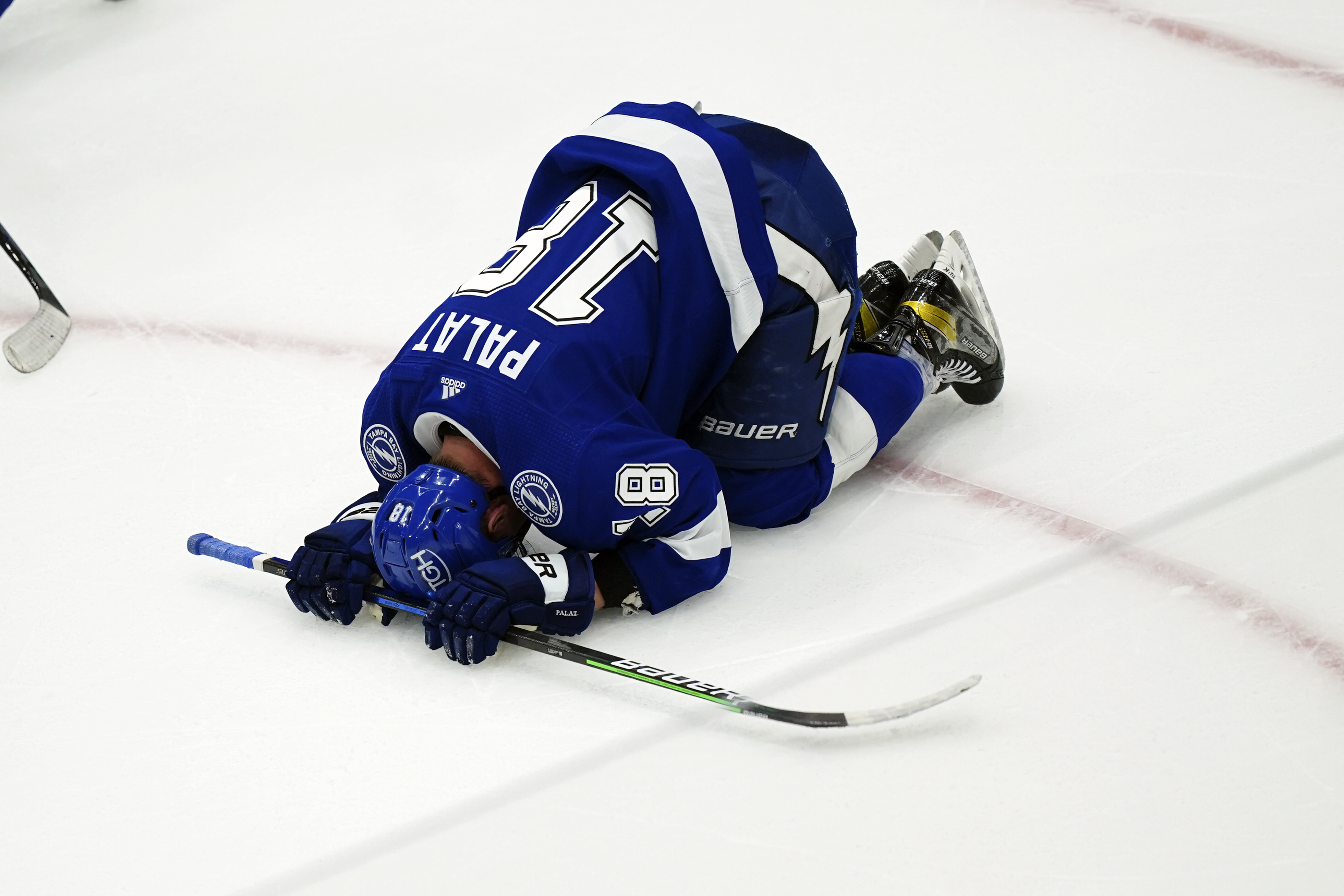 Tampa Bay Lightning left wing Ondrej Palat reacts after the Colorado Avalanche defeated the Lightning 2-1 in Game 6 of the NHL hockey Stanley Cup Finals on Sunday, June 26, 2022, in Tampa, Fla. 