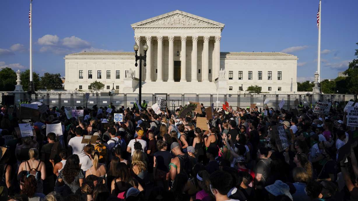 Protesters fill the street in front of the Supreme Court after the court's decision to overturn Roe v. Wade in Washington, June 24. Public opinion on abortion is nuanced, but polling shows broad support for Roe and for abortion rights. Seventy percent of U.S. adults said in a May AP-NORC poll that the Supreme Court should leave Roe as is, not overturn it.