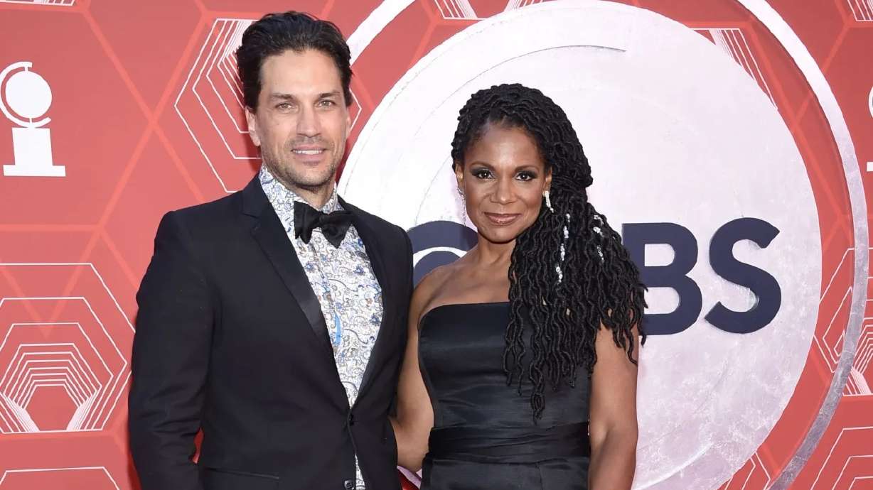 Will Swenson, left, and Audra McDonald arrive at the 74th annual Tony Awards at Winter Garden Theatre on Sunday, Sept. 26, 2021, in New York. Swenson is portraying Neil Diamond in the Broadway-bound musical “A Beautiful Noise.”