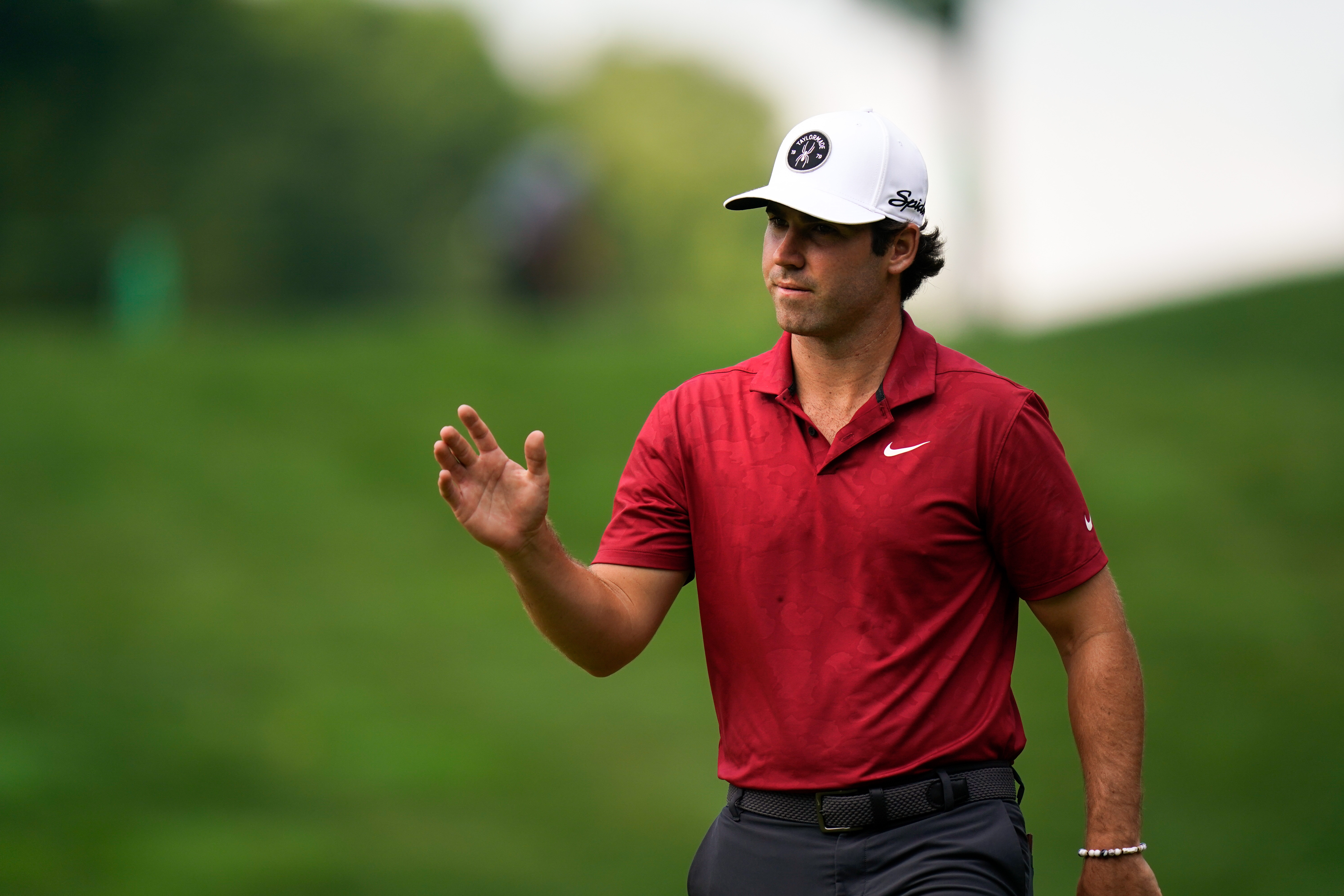 Matthew Wolff reacts after a shot on the 11th hole during the second round of the Travelers Championship golf tournament at TPC River Highlands, Friday, June 24, 2022, in Cromwell, Conn. 