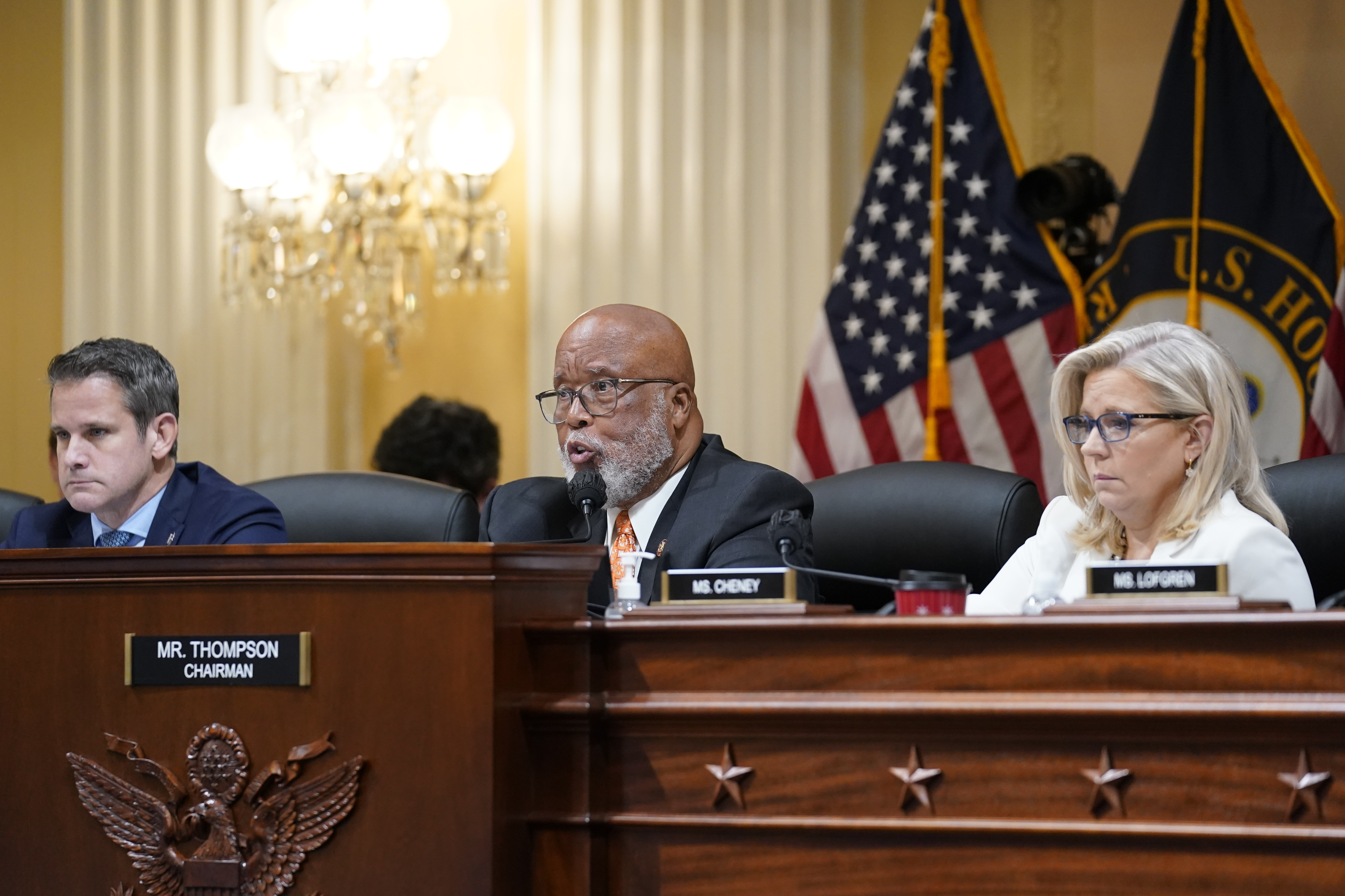 Chairman Bennie Thompson, D-Miss., center, speaks as the House select committee investigating the Jan. 6 attack on the U.S. Capitol continues to reveal its findings of a yearlong investigation, at the Capitol in Washington, Thursday.