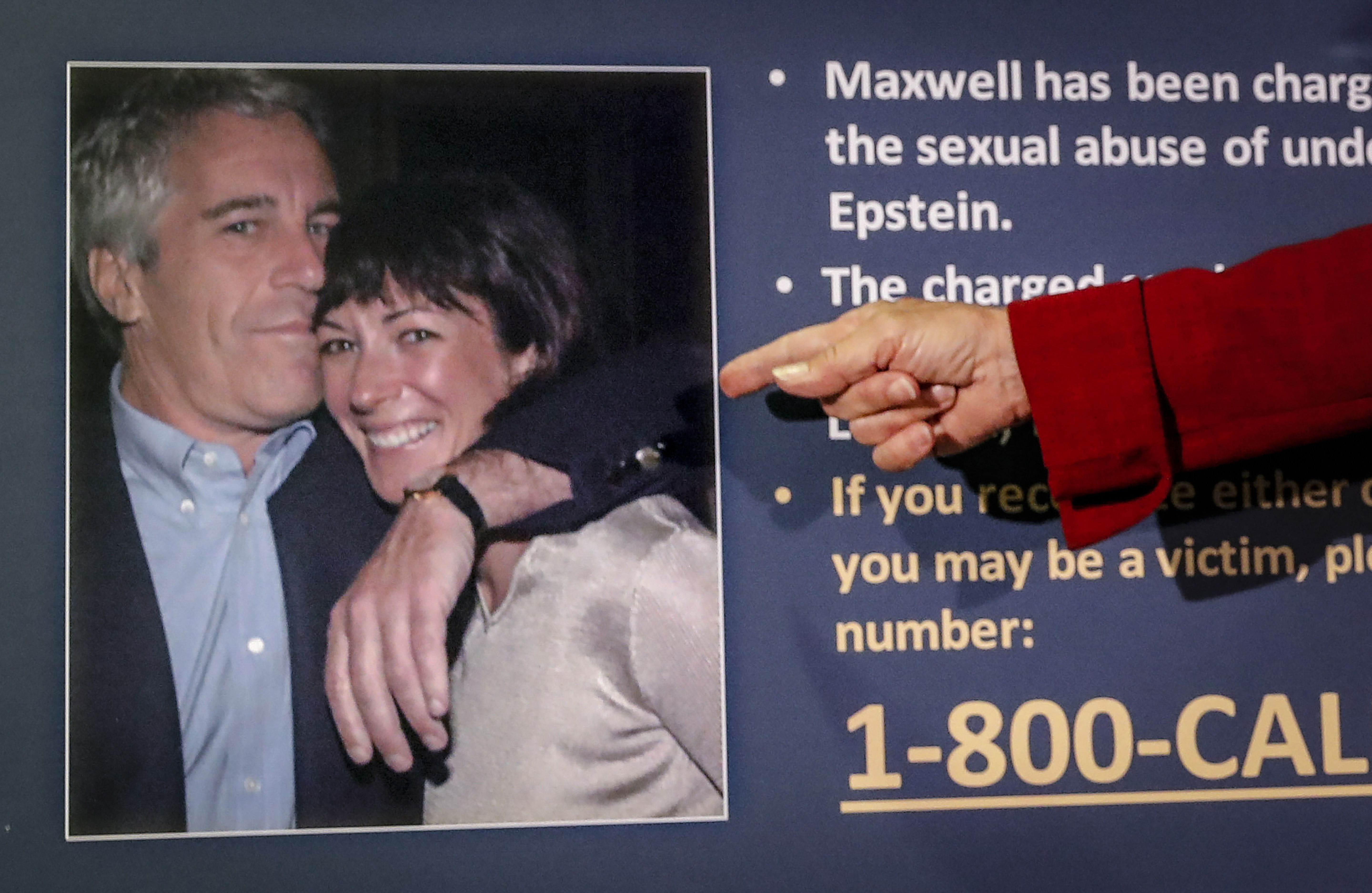 Audrey Strauss, acting U.S. attorney for the Southern District of New York, points to a photo of Jeffrey Epstein and Ghislaine Maxwell, during a news conference in New York, on July 2, 2020. Maxwell was sentenced to 20 years in prison Tuesday for helping the wealthy financier Jeffrey Epstein sexually abuse underage girls.