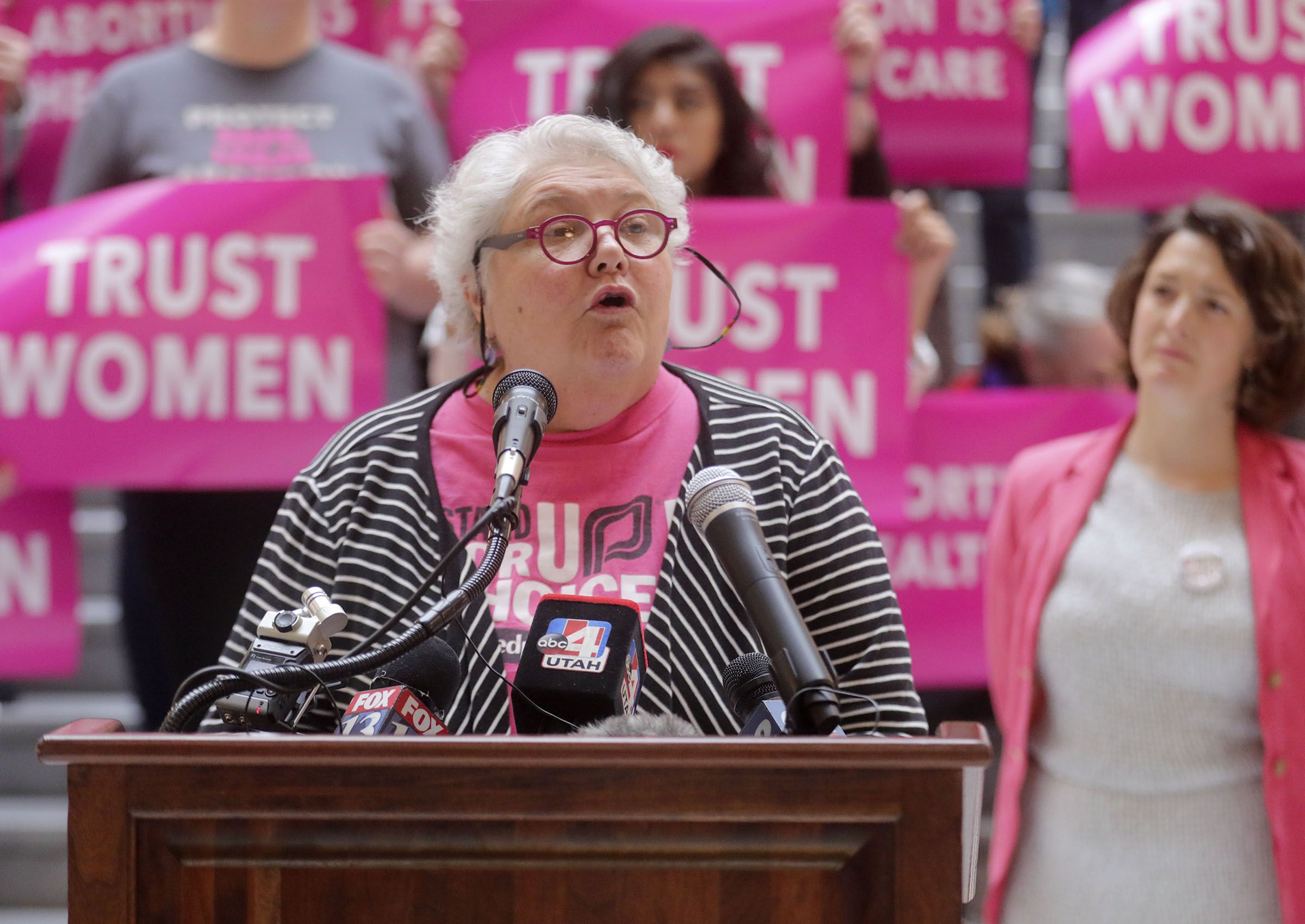 Karrie Galloway, president and CEO of the Planned Parenthood Association of Utah, speaks during a press conference at the Capitol in Salt Lake City on April 10, 2019.