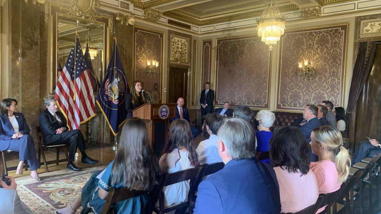 Utah Gov. Spencer Cox nominates Utah Court of Appeals Judge Jill M. Pohlman as the next Utah Supreme Court justice on Tuesday at the state Capitol in Salt Lake City.