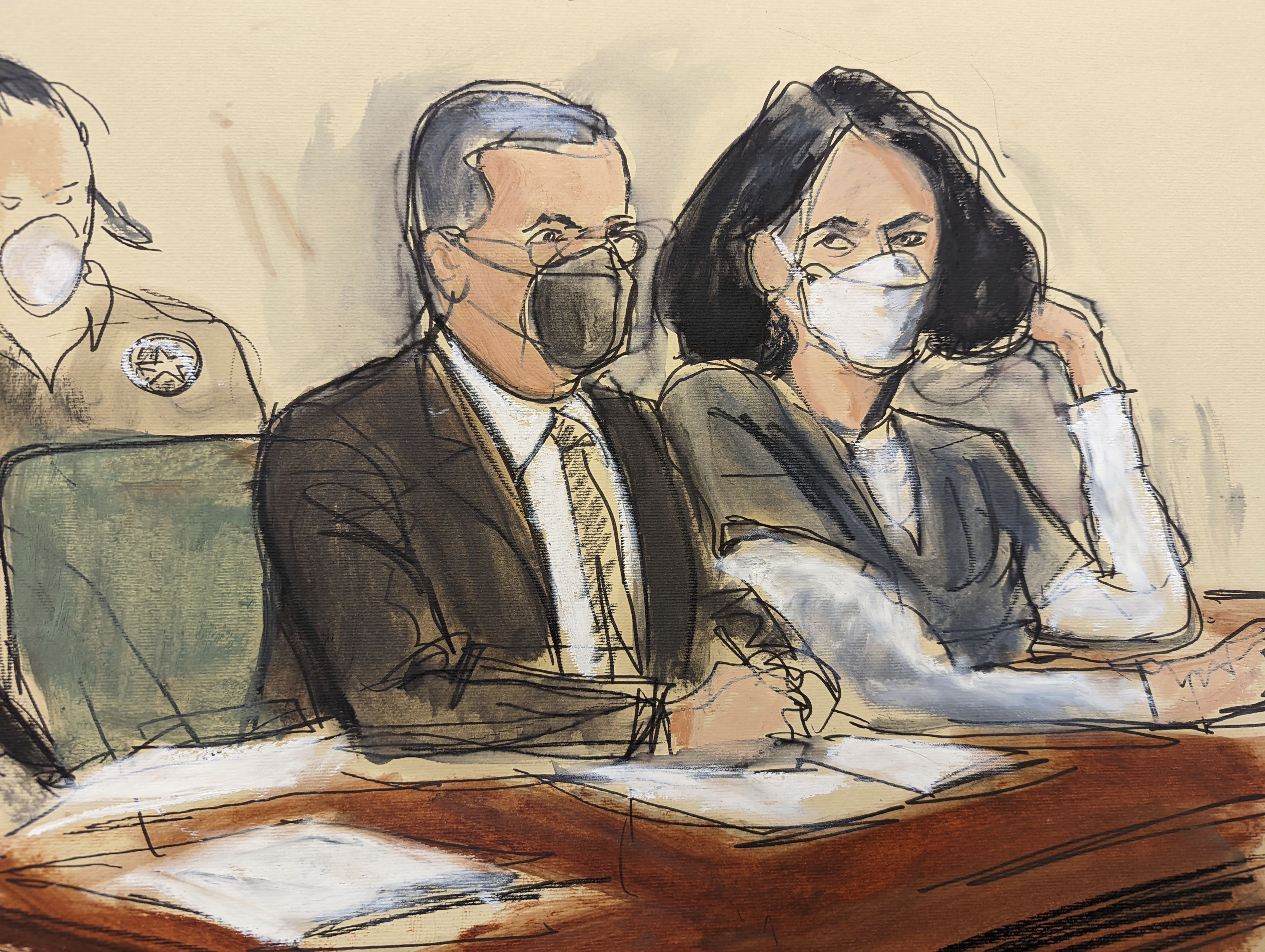 In this courtroom sketch, Ghislaine Maxwell, right, is seated beside her attorney, Christian Everdell, as they watch the prosecutor speak during her sentencing, Tuesday, in New York.