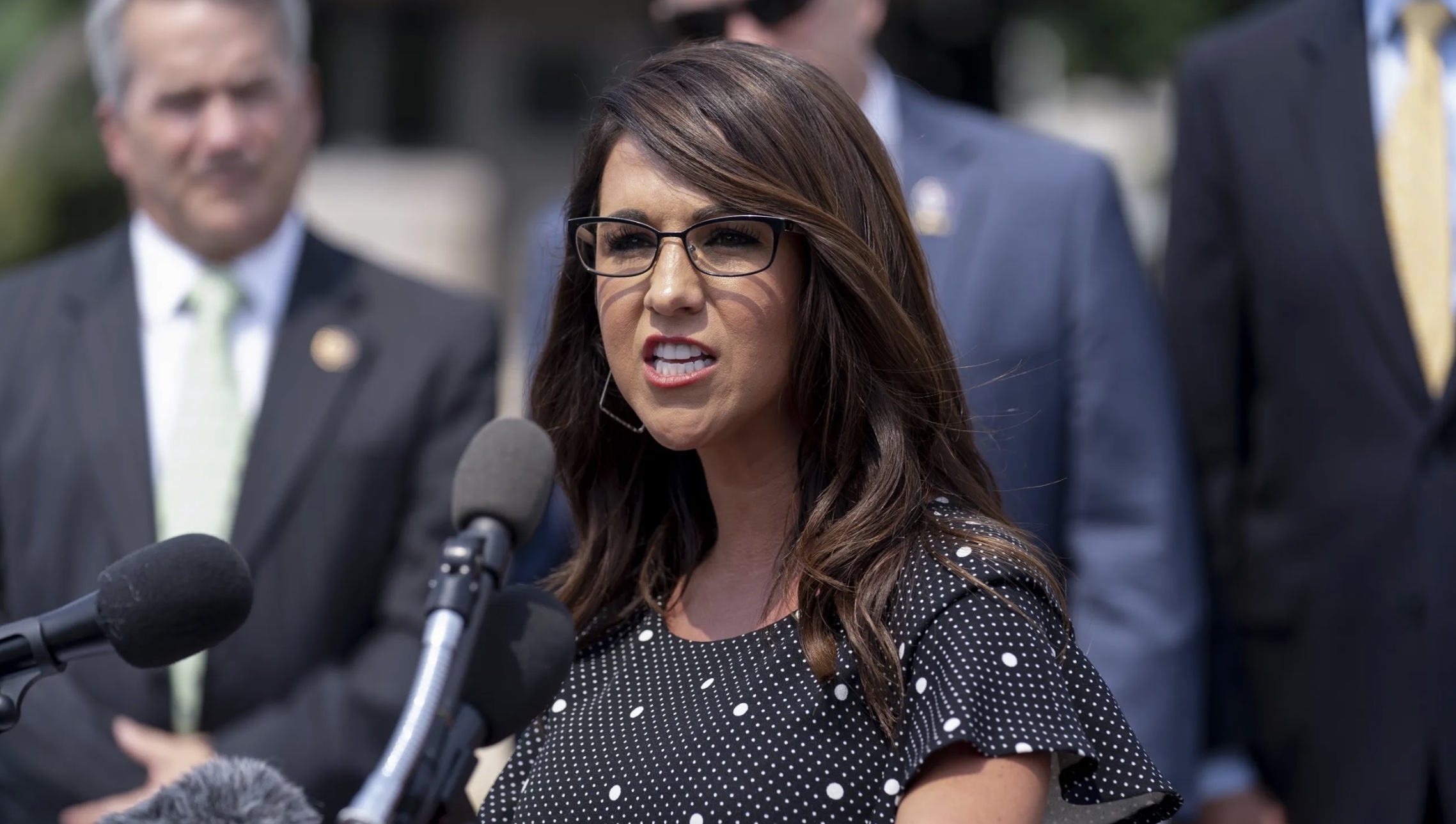 Rep. Lauren Boebert, R-Colo., speaks at a news conference held by members of the House Freedom Caucus on Capitol Hill in Washington on July 29, 2021. During a worship service in Colorado on Sunday, Boebert told the congregation she is “tired of this separation of church and state junk” in the U.S.