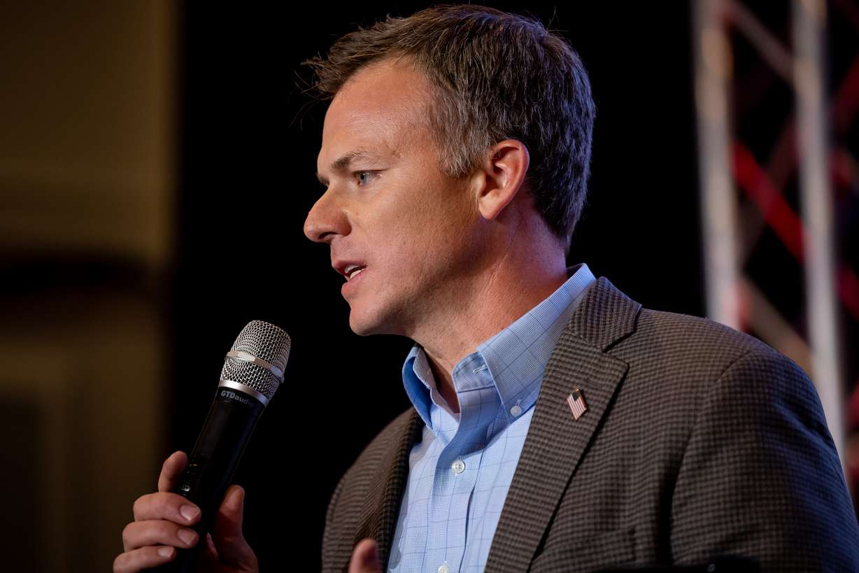 Rep. Blake Moore, R-Utah, speaks at an event for GOP primary election candidates at the Awaken Event Center in South Jordan on Tuesday. Moore was projected to win his race against Republican challengers Andrew Badger and Tina Cannon.