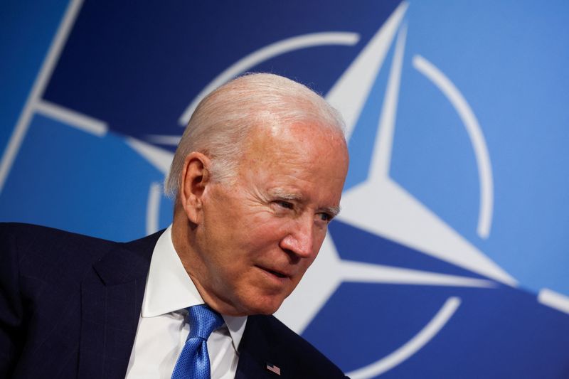 U.S. President Joe Biden meets NATO Secretary General Jens Stoltenberg at the start of the NATO summit at the IFEMA arena in Madrid, Spain, Wednesday.