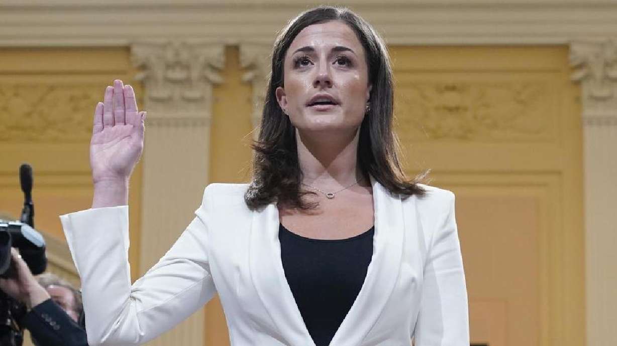 Cassidy Hutchinson, former aide to Trump White House chief of staff Mark Meadows, is sworn in at the Capitol in Washington, Tuesday. Her testimony raised new questions about Trump's actions before and during the Jan. 6, 2021, insurrection.