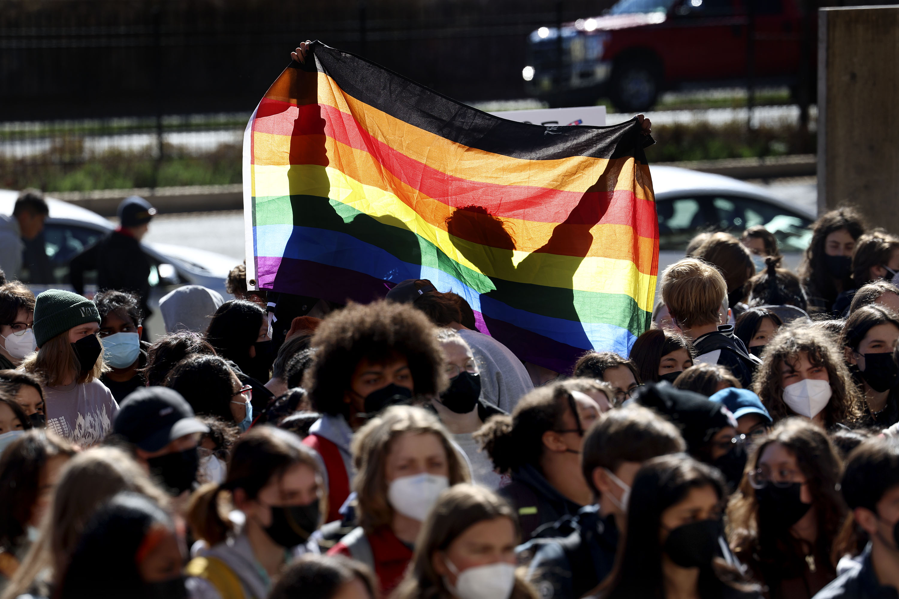 West High School students protest the Utah Legislature's passage of HB11, which bans transgender girls from participating in female school sports, in Salt Lake City on Wednesday, April 6, 2022.