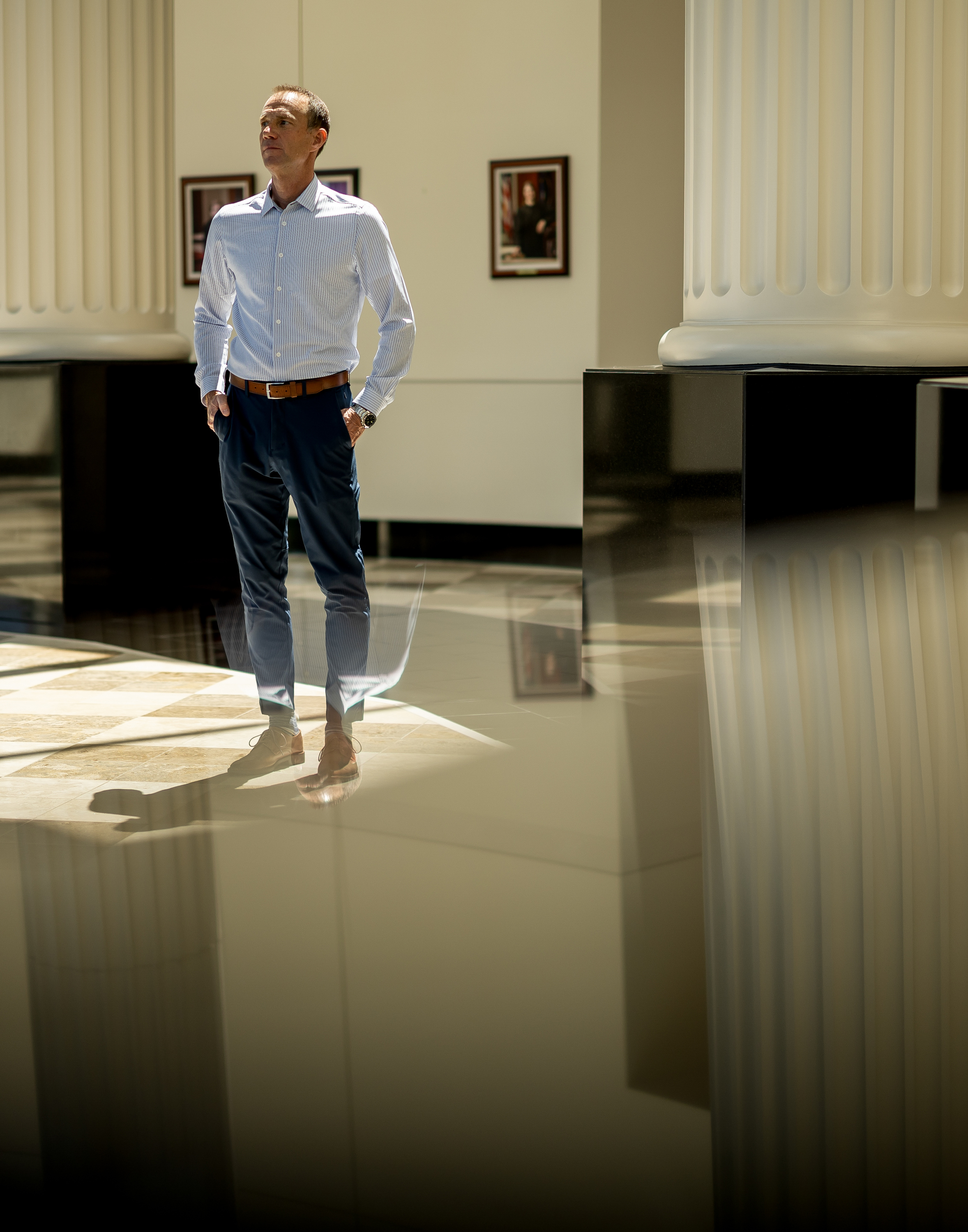 Utah Supreme Court Justice Thomas Lee, 57, poses for a photo outside the Supreme Court in Salt Lake City on Friday, June 10. He retired Thursday after 12 years on the high court.