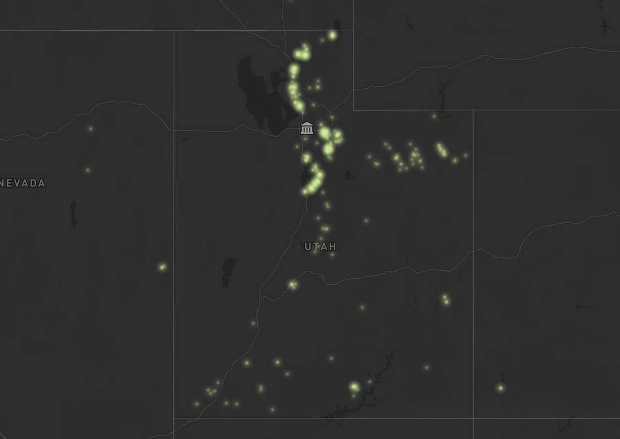 This map, as of Thursday, shows reported firefly sightings across Utah since 2014.