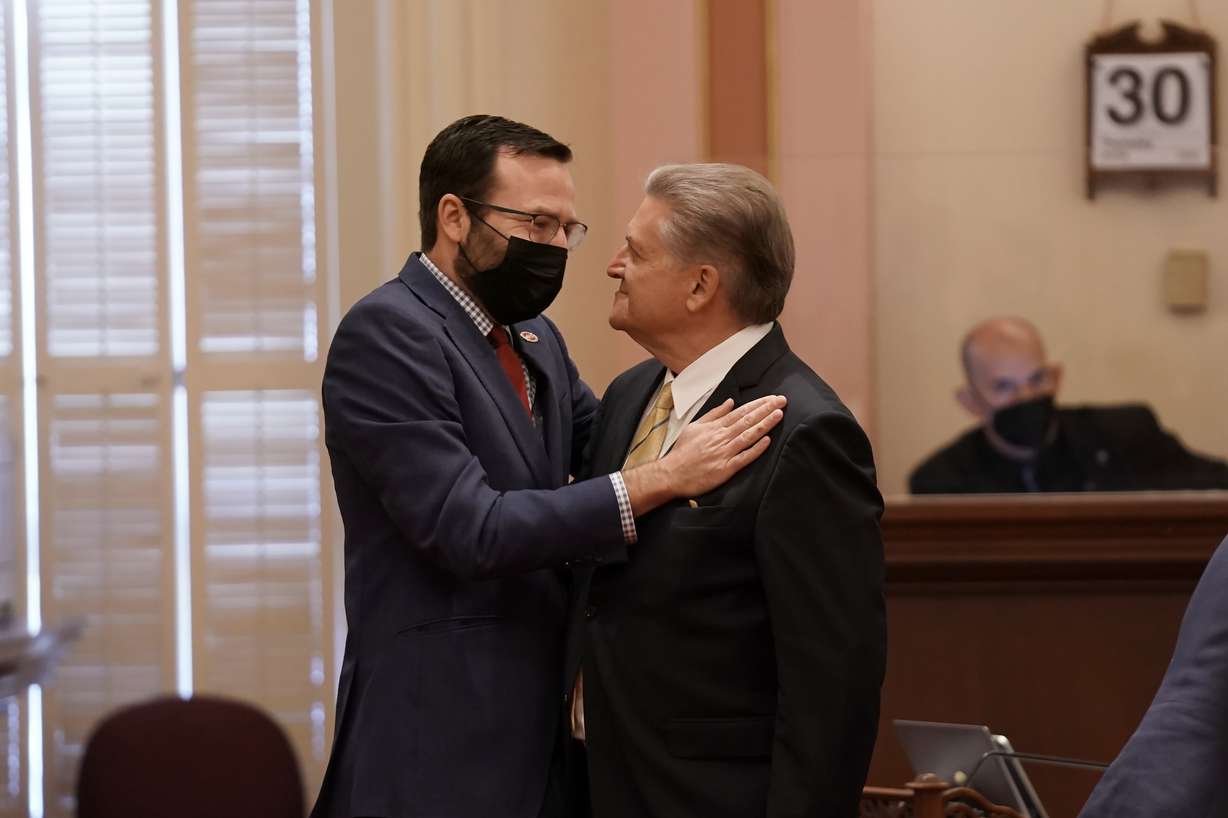 California state Sen. Ben Allen, D-Santa Monica, left, is congratulated by Sen. Bob Hertzberg, D-Van Nuys, after his measure aimed at reducing plastic packaging passed the state Senate at the Capitol in Sacramento, Calif., Thursday.