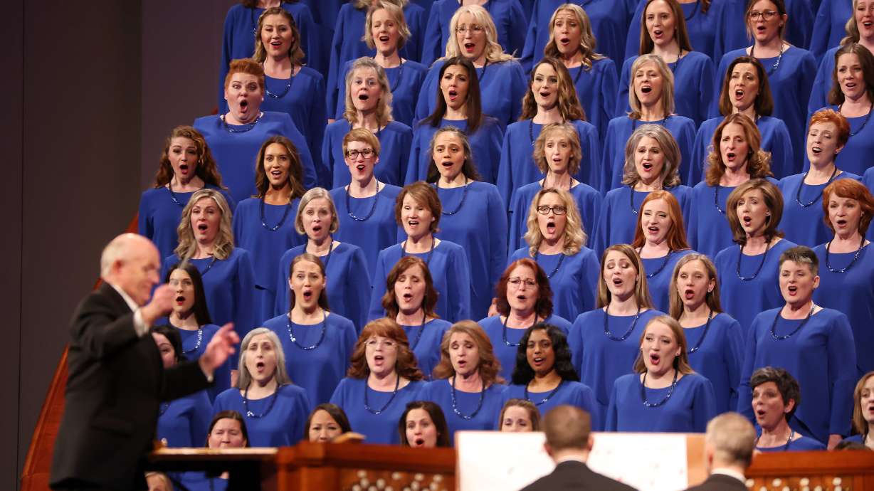 The Tabernacle Choir at Temple Square sings during the Sunday morning session of the 192nd Annual General Conference of The Church of Jesus Christ of Latter-day Saints in the Conference Center in Salt Lake City on April 3.