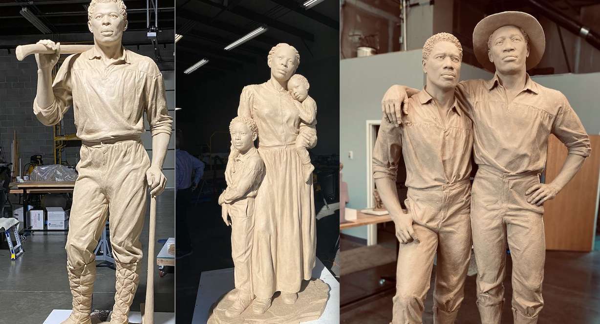 The new monument at This is the Place Heritage Park will feature sculptures of early Black pioneers Green Flake, Jane Manning James, Hark Wales and Oscar Smith. The statues were sculpted by Stephanie and Roger Hunt.