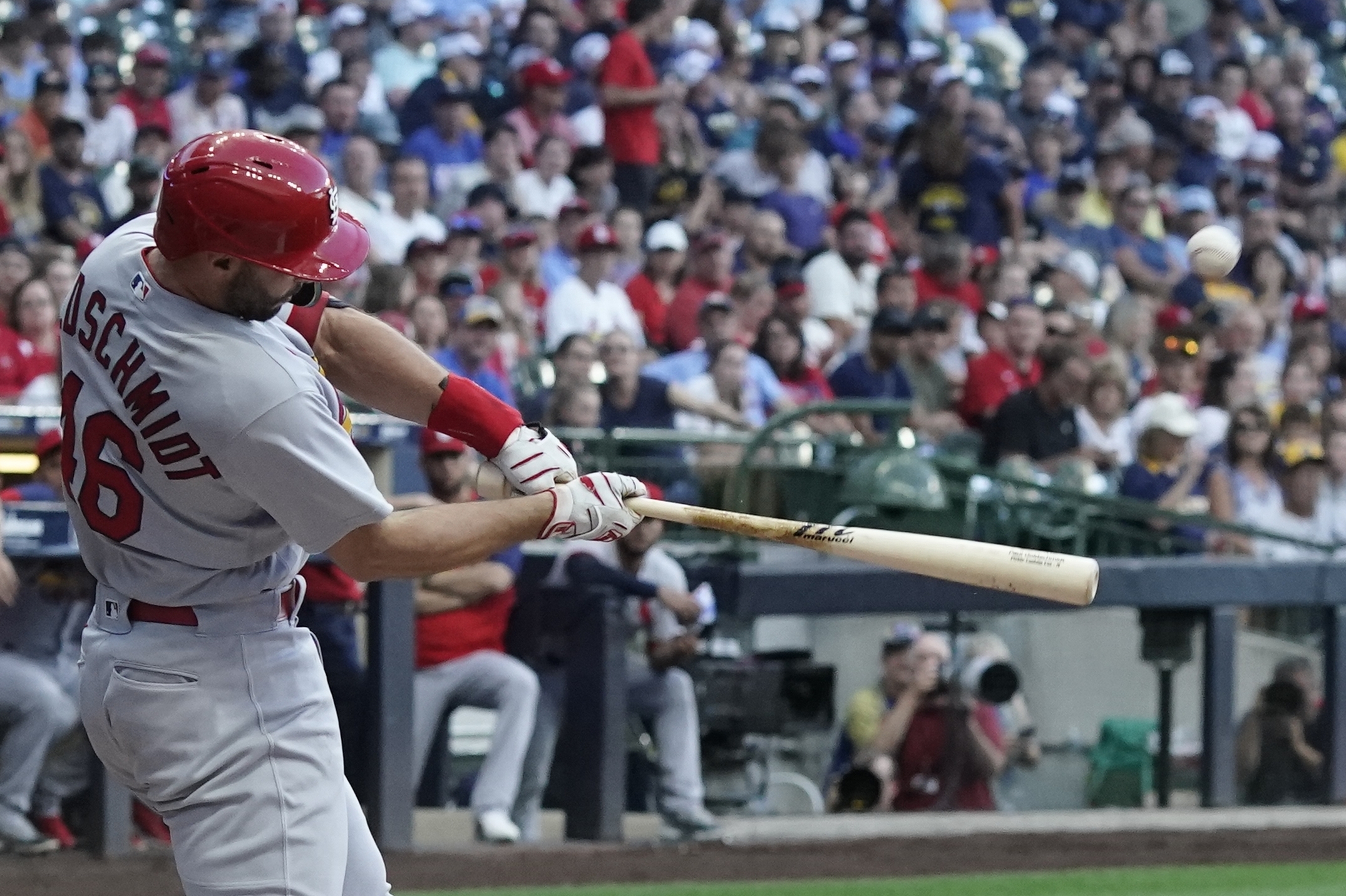 St. Louis Cardinals' Paul Goldschmidt hits a two-run home run during the first inning of a baseball game against the Milwaukee Brewers Wednesday, June 22, 2022, in Milwaukee.
