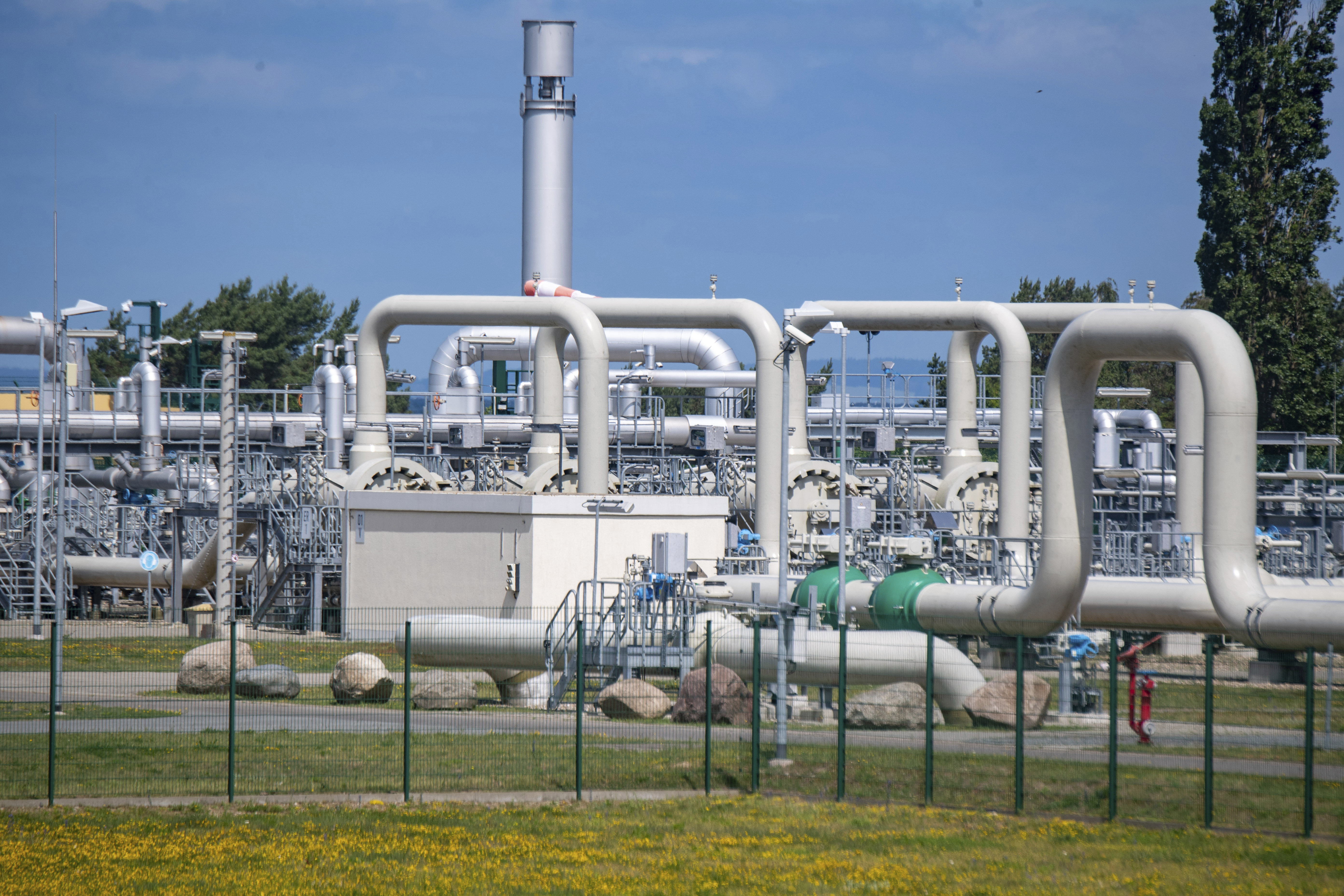 Pipe systems and shut-off devices at the gas receiving station of the Nord Stream 1 Baltic Sea pipeline and the transfer station of the OPAL long-distance gas pipeline in Lubmin, Germany, June 21, 2022. 