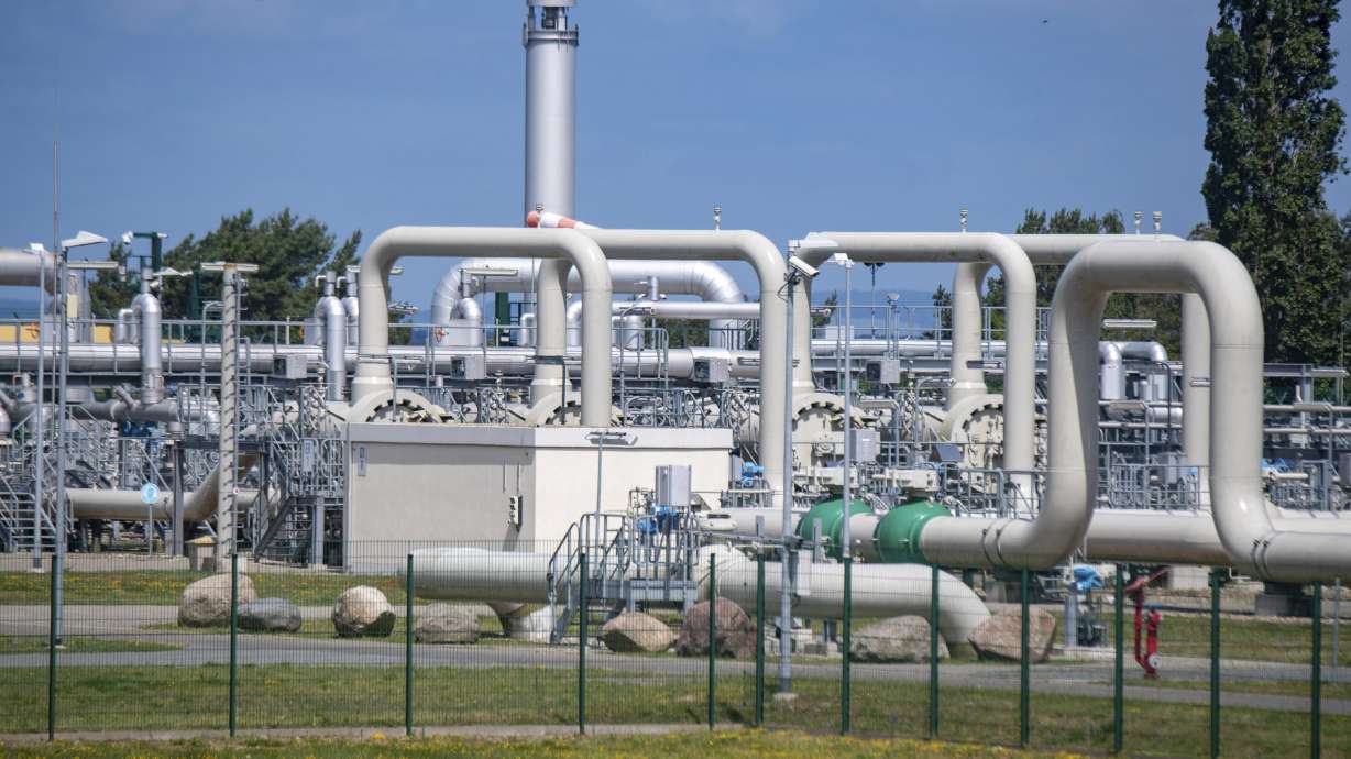 Pipe systems and shut-off devices at the gas receiving station of the Nord Stream 1 Baltic Sea pipeline and the transfer station of the OPAL long-distance gas pipeline in Lubmin, Germany, June 21, 2022.