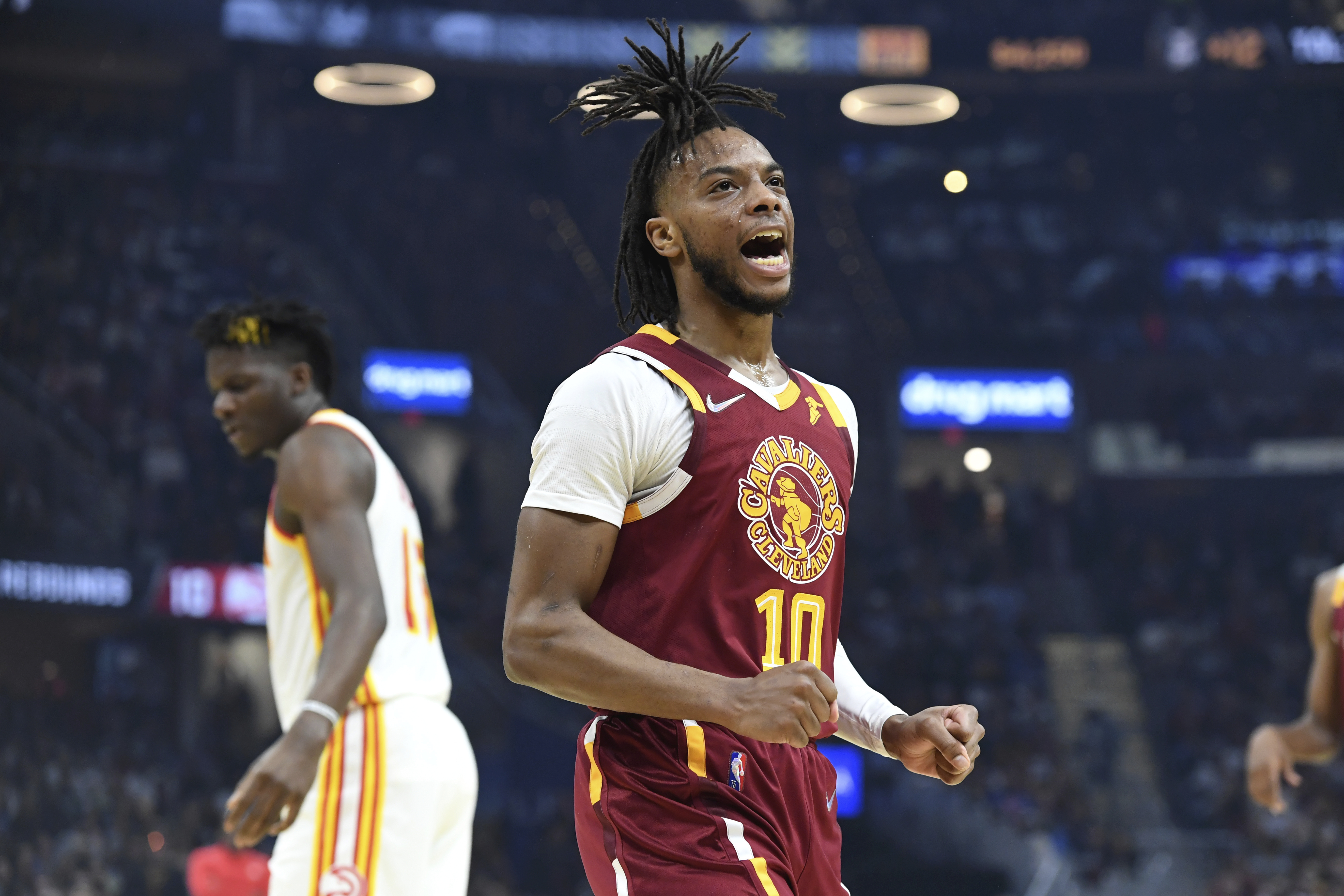 FILE - Cleveland Cavaliers' Darius Garland (10) reacts to a basket during the first half of the team's NBA play-in basketball game against the Atlanta Hawks on Friday, April 15, 2022, in Cleveland. Cavaliers All-Star guard Darius Garland has agreed to a five-year, $193 million contract extension with Cleveland, his agent Rich Paul said Saturday, July 2, 2022. Garland's deal is the largest in franchise history. 
