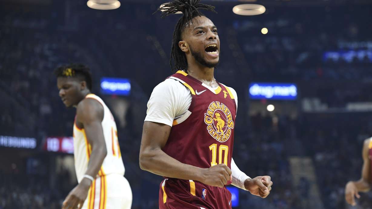 FILE - Cleveland Cavaliers' Darius Garland (10) reacts to a basket during the first half of the team's NBA play-in basketball game against the Atlanta Hawks on Friday, April 15, 2022, in Cleveland. Cavaliers All-Star guard Darius Garland has agreed to a five-year, $193 million contract extension with Cleveland, his agent Rich Paul said Saturday, July 2, 2022. Garland's deal is the largest in franchise history.